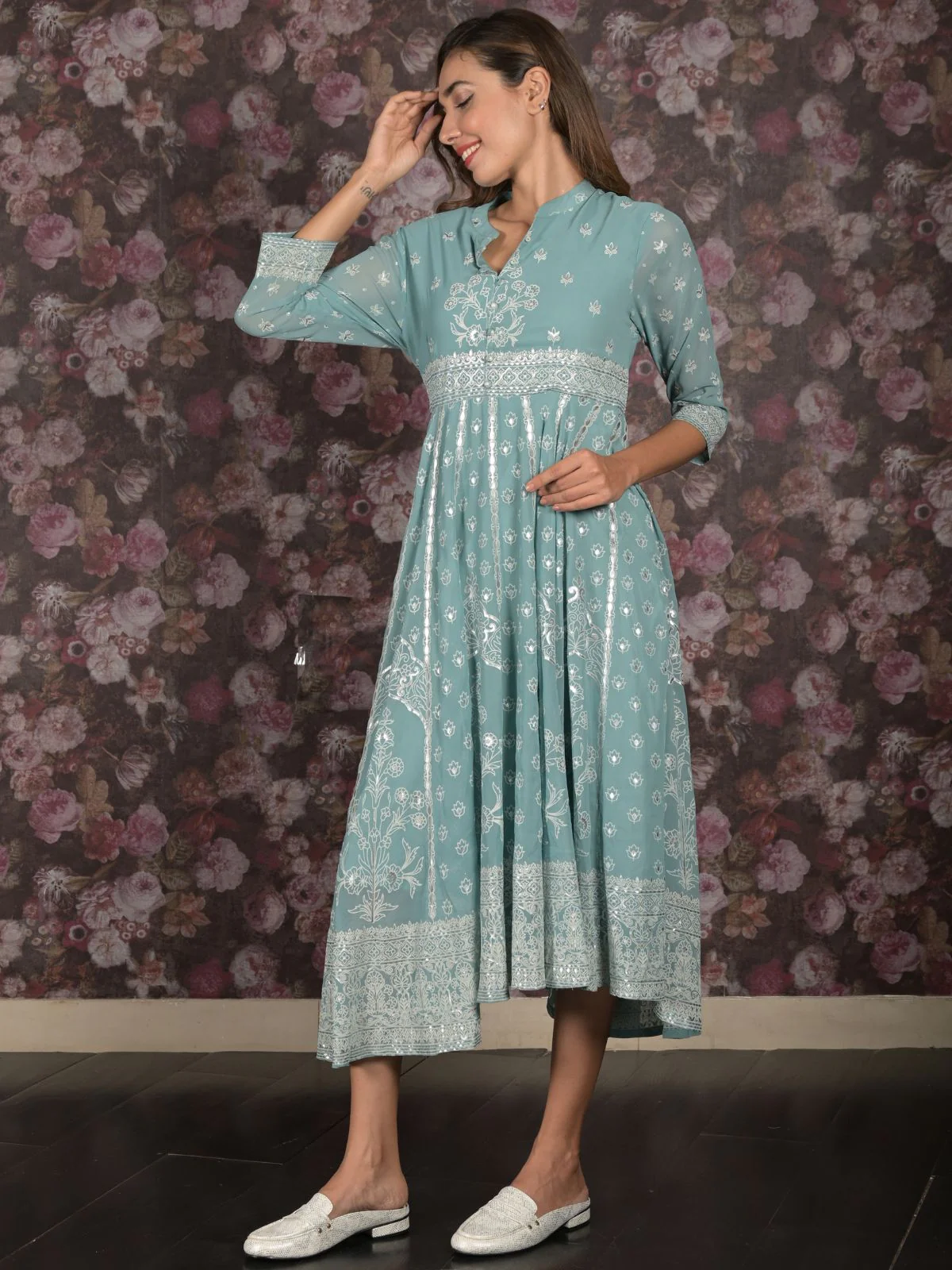 Odette Sea Green Foil Printed Fit and Flared Stitched Georgette Kurta for Women - Image 3