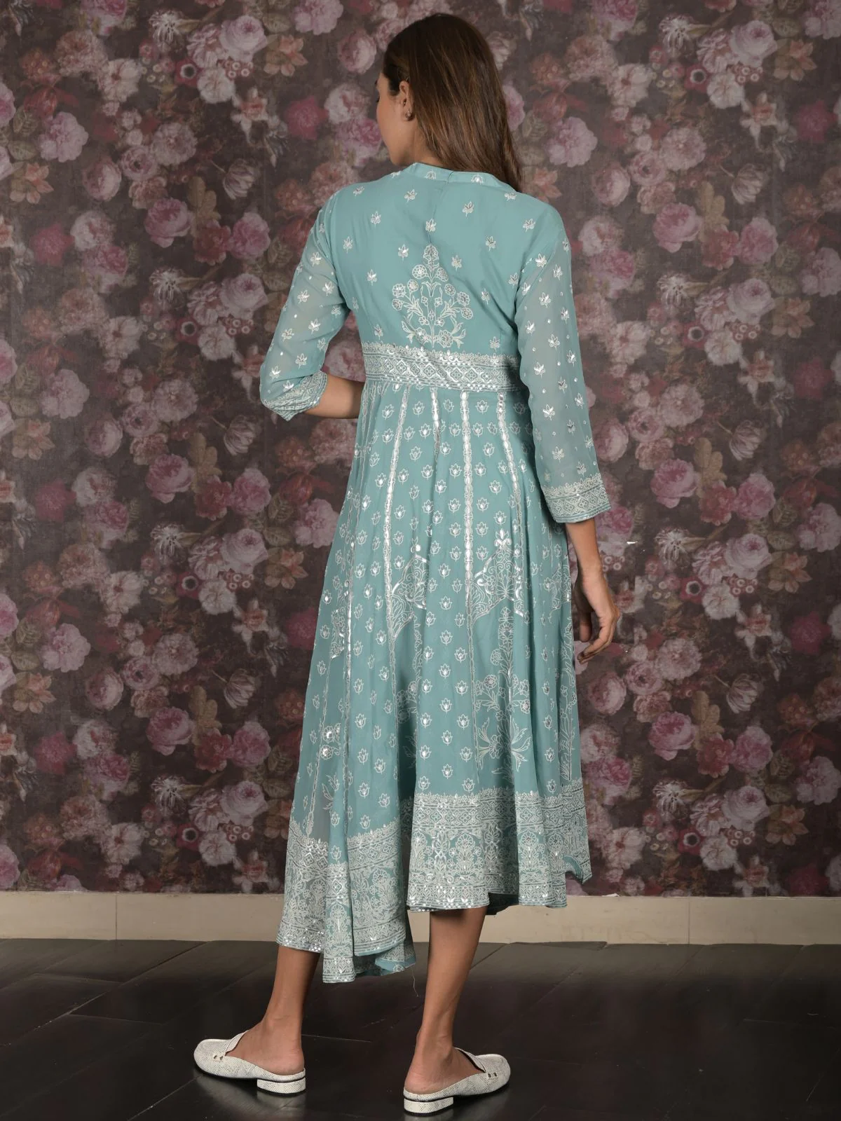 Odette Sea Green Foil Printed Fit and Flared Stitched Georgette Kurta for Women - Image 4