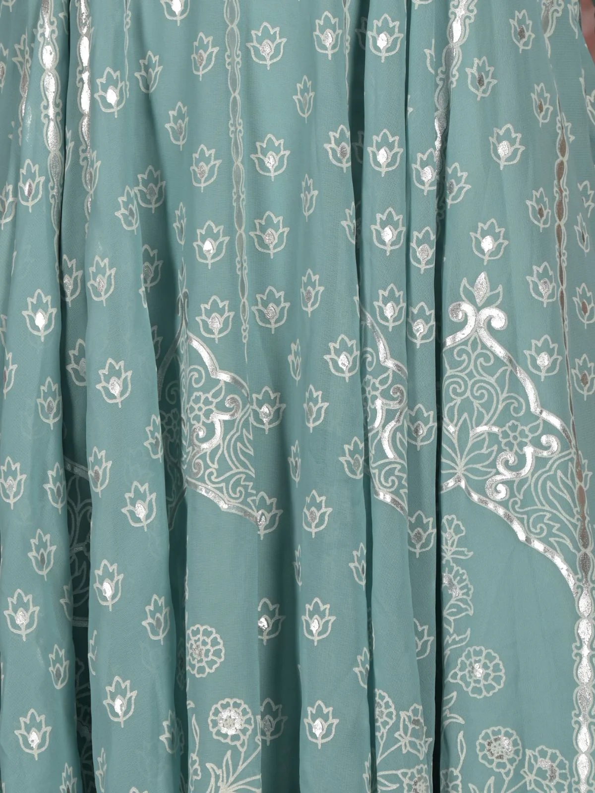 Odette Sea Green Foil Printed Fit and Flared Stitched Georgette Kurta for Women - Image 5