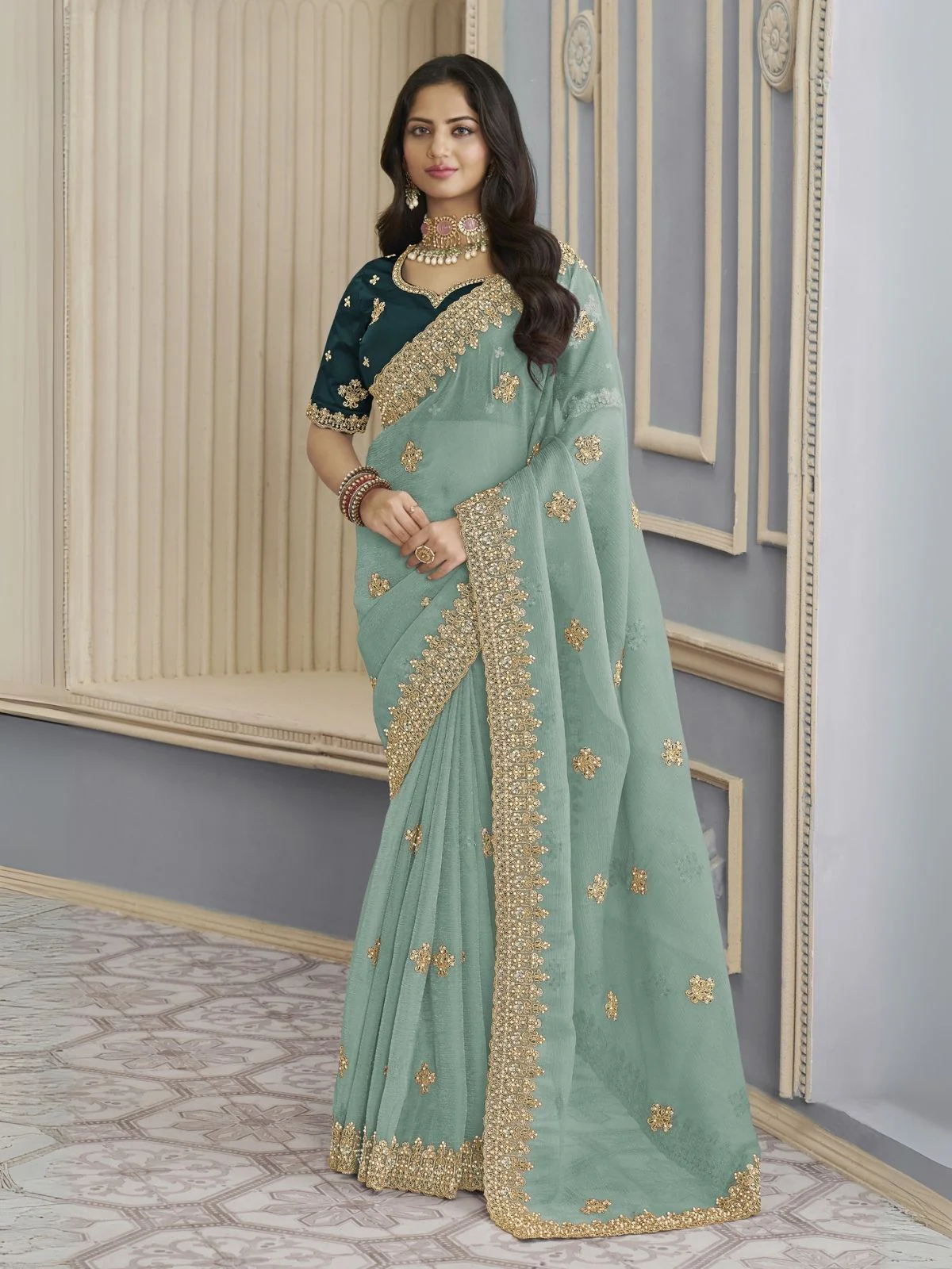 Odette Sea Green Georgette Crush Embellished Elegant Saree For Women