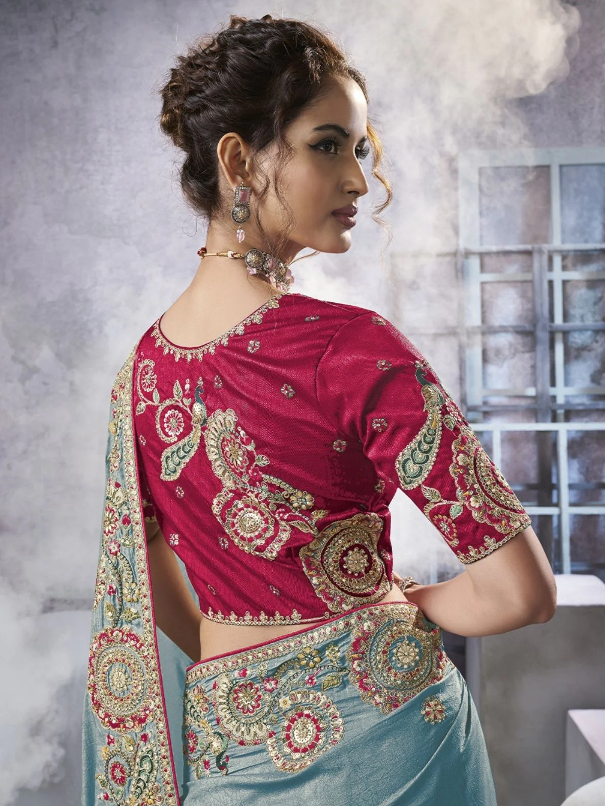 Odette Sea Green Georgette Crush Embroidered Elegant Saree For Women - Image 2