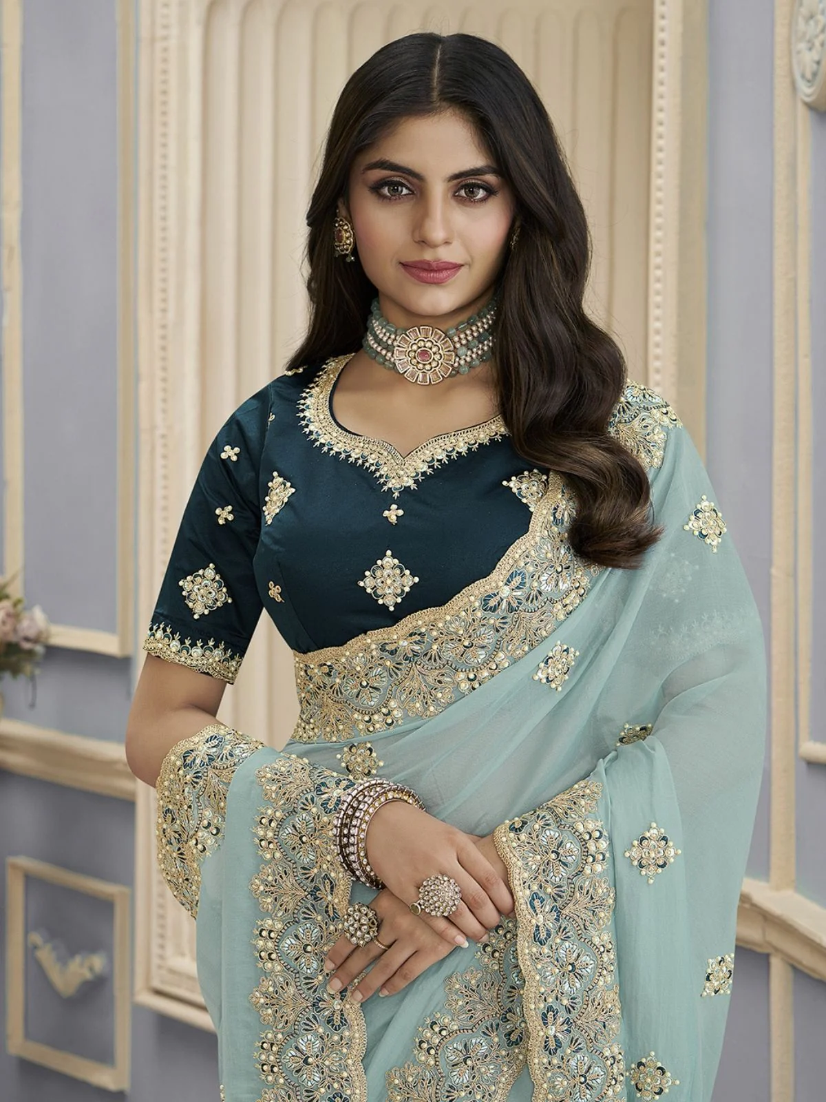 Odette Sea Green Georgette Embellished Elegant Saree For Women - Image 2