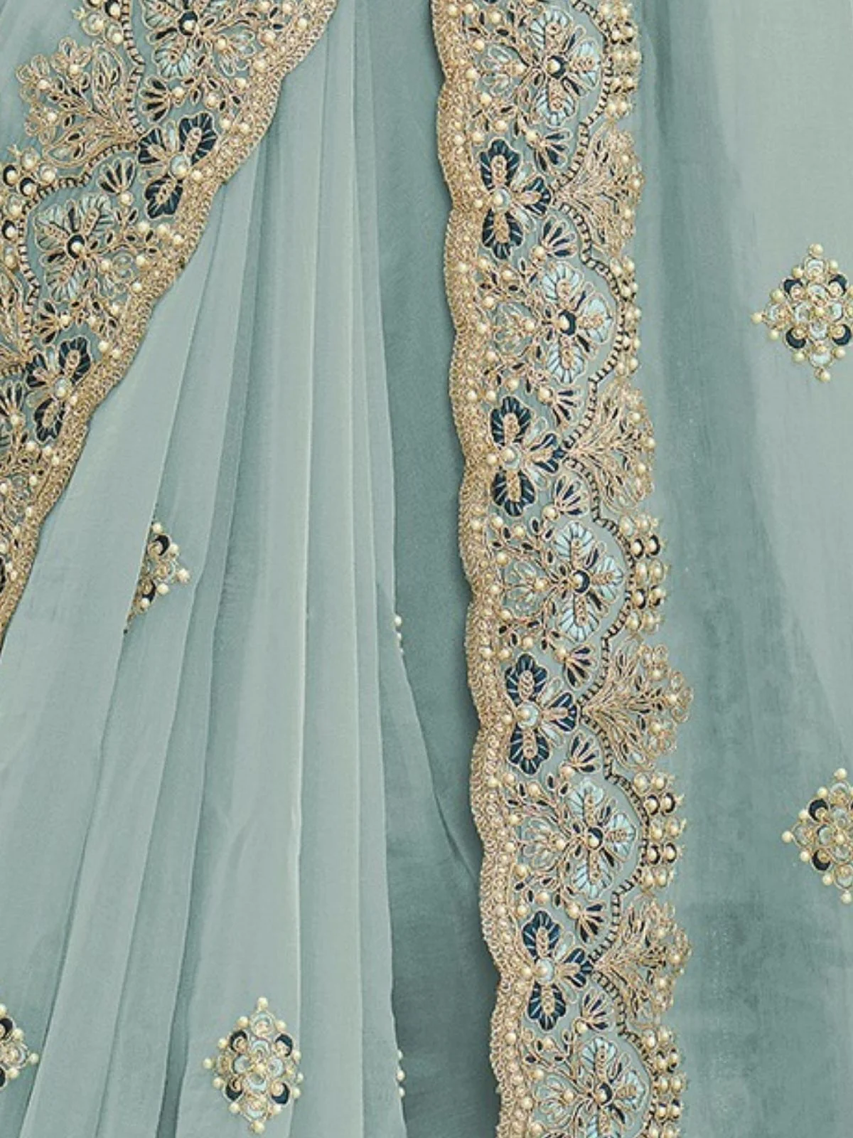 Odette Sea Green Georgette Embellished Elegant Saree For Women - Image 4