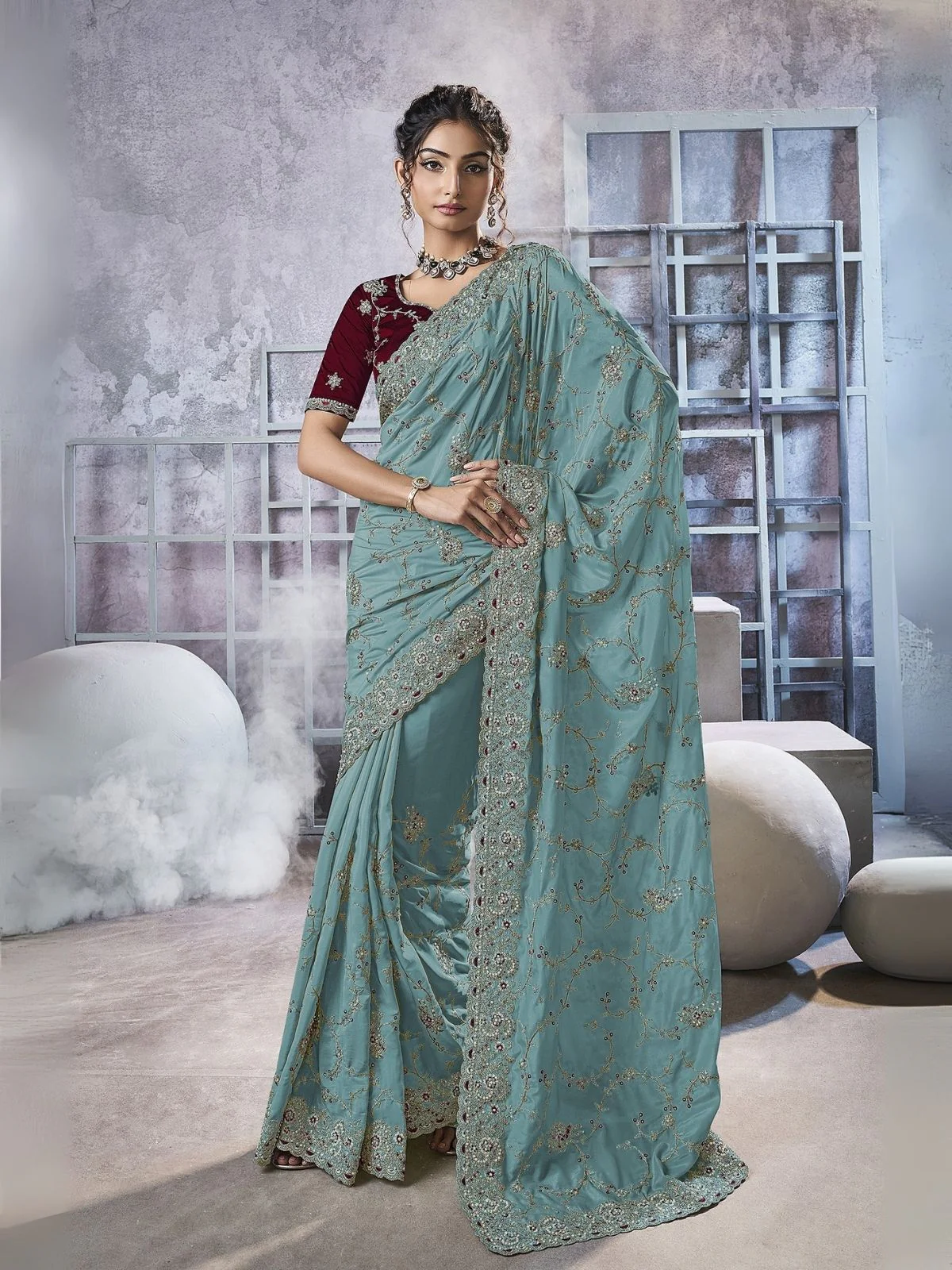 Odette Sea Green Georgette Embellished Elegant Saree For Women
