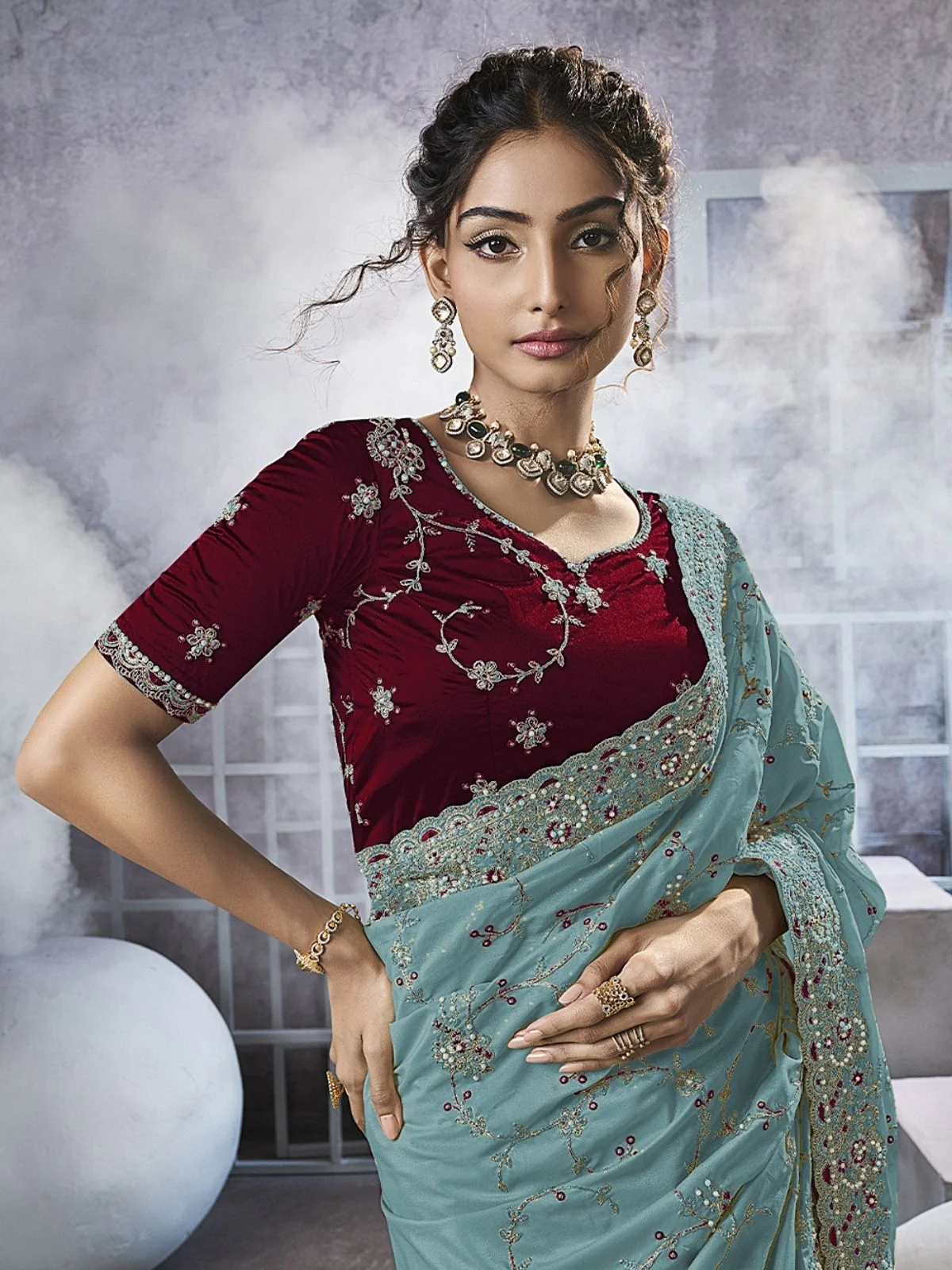 Odette Sea Green Georgette Embellished Elegant Saree For Women - Image 2