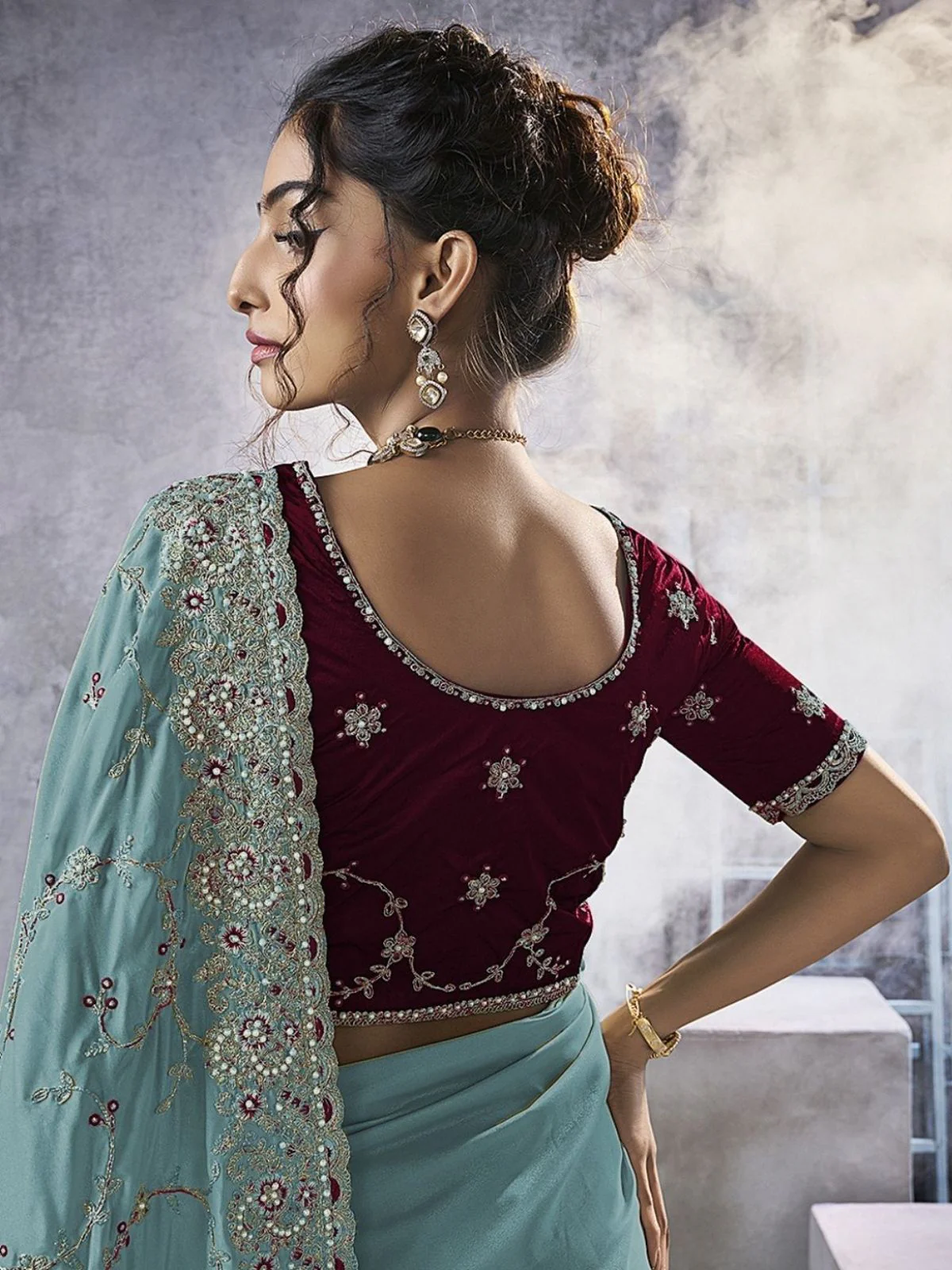 Odette Sea Green Georgette Embellished Elegant Saree For Women - Image 3