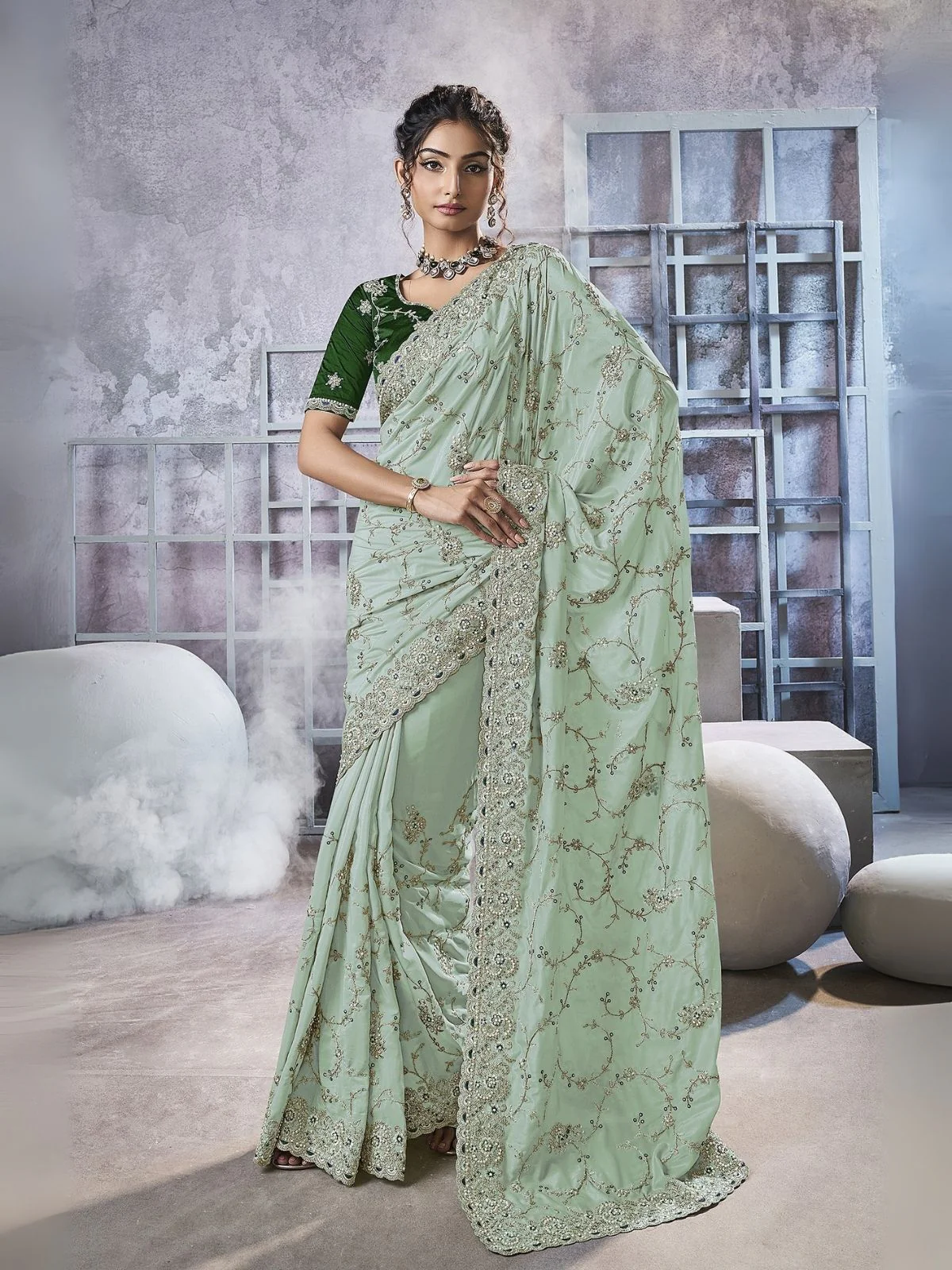 Odette Sea Green Georgette Embellished Elegant Saree For Women