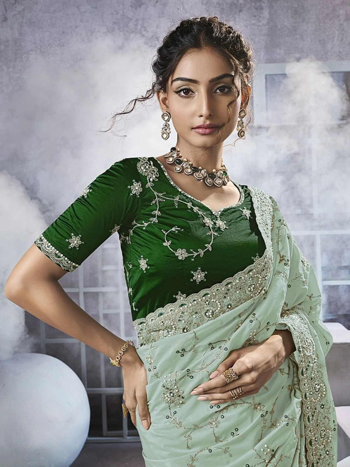 Odette Sea Green Georgette Embellished Elegant Saree For Women - Image 2