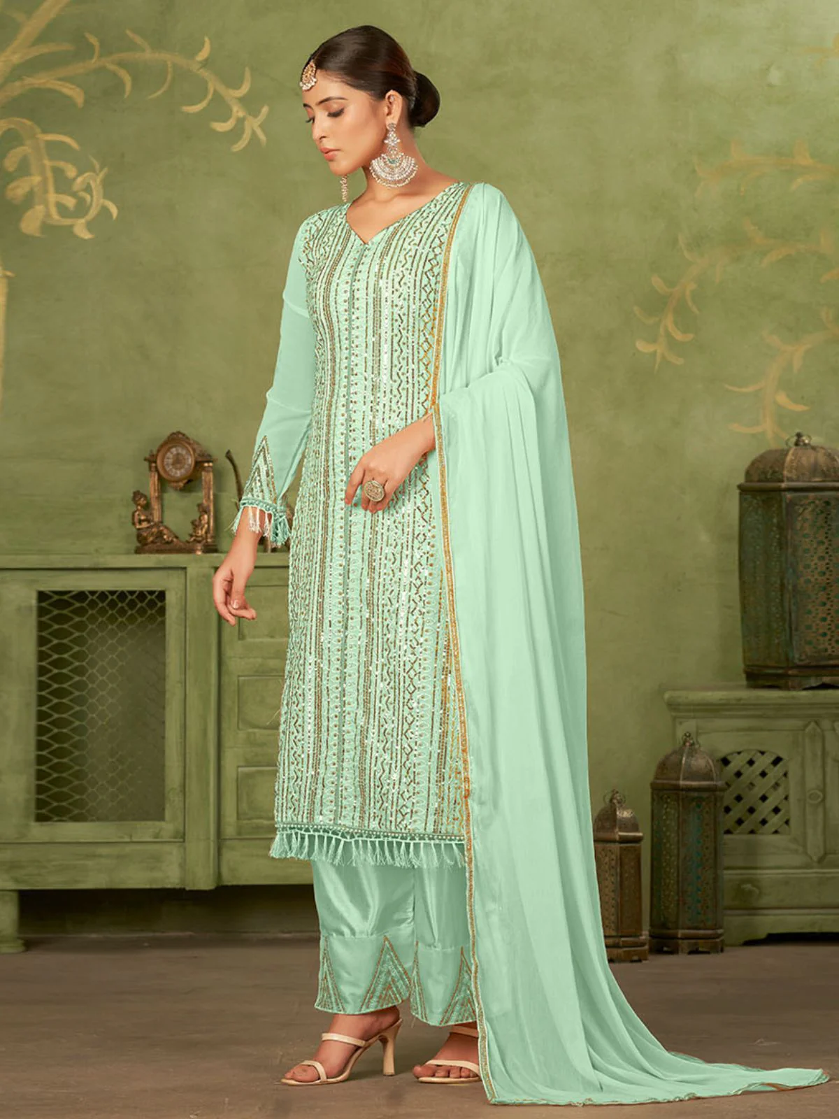 Odette Sea Green Georgette Embellished Semi Stitched Kurta Set For Women - Image 3