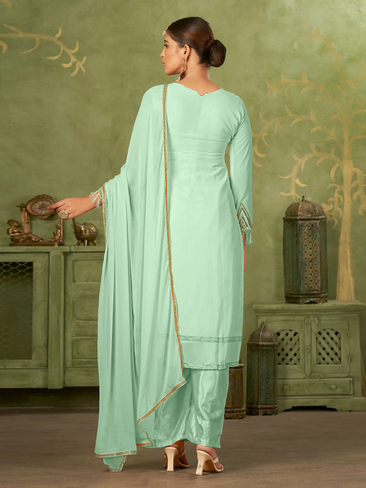 Odette Sea Green Georgette Embellished Semi Stitched Kurta Set For Women - Image 5
