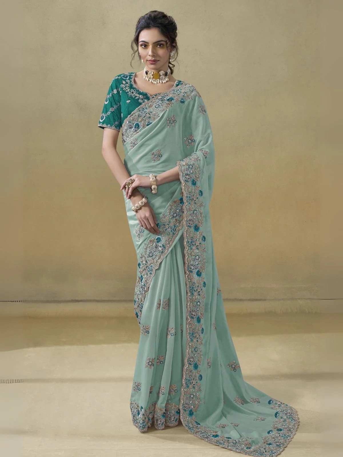 Odette Sea Green Georgette Embroidered Elegant Saree For Women