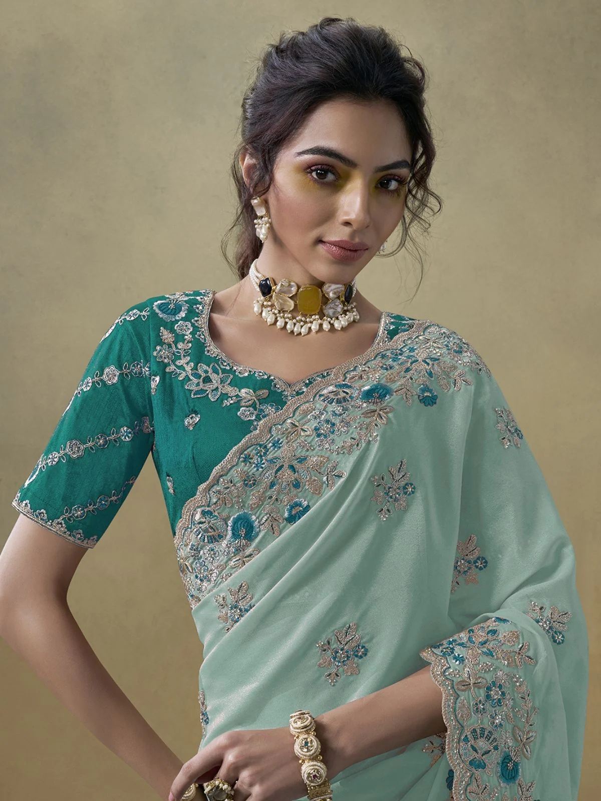 Odette Sea Green Georgette Embroidered Elegant Saree For Women - Image 2