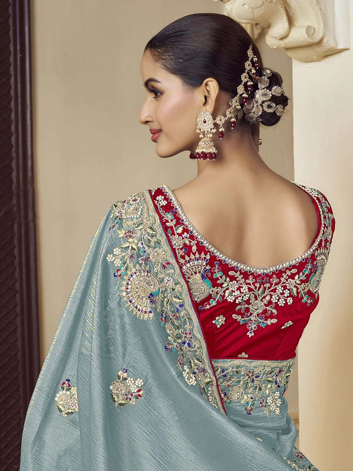 Odette Sea Green Georgette Embroidered Elegant Saree For Women - Image 3
