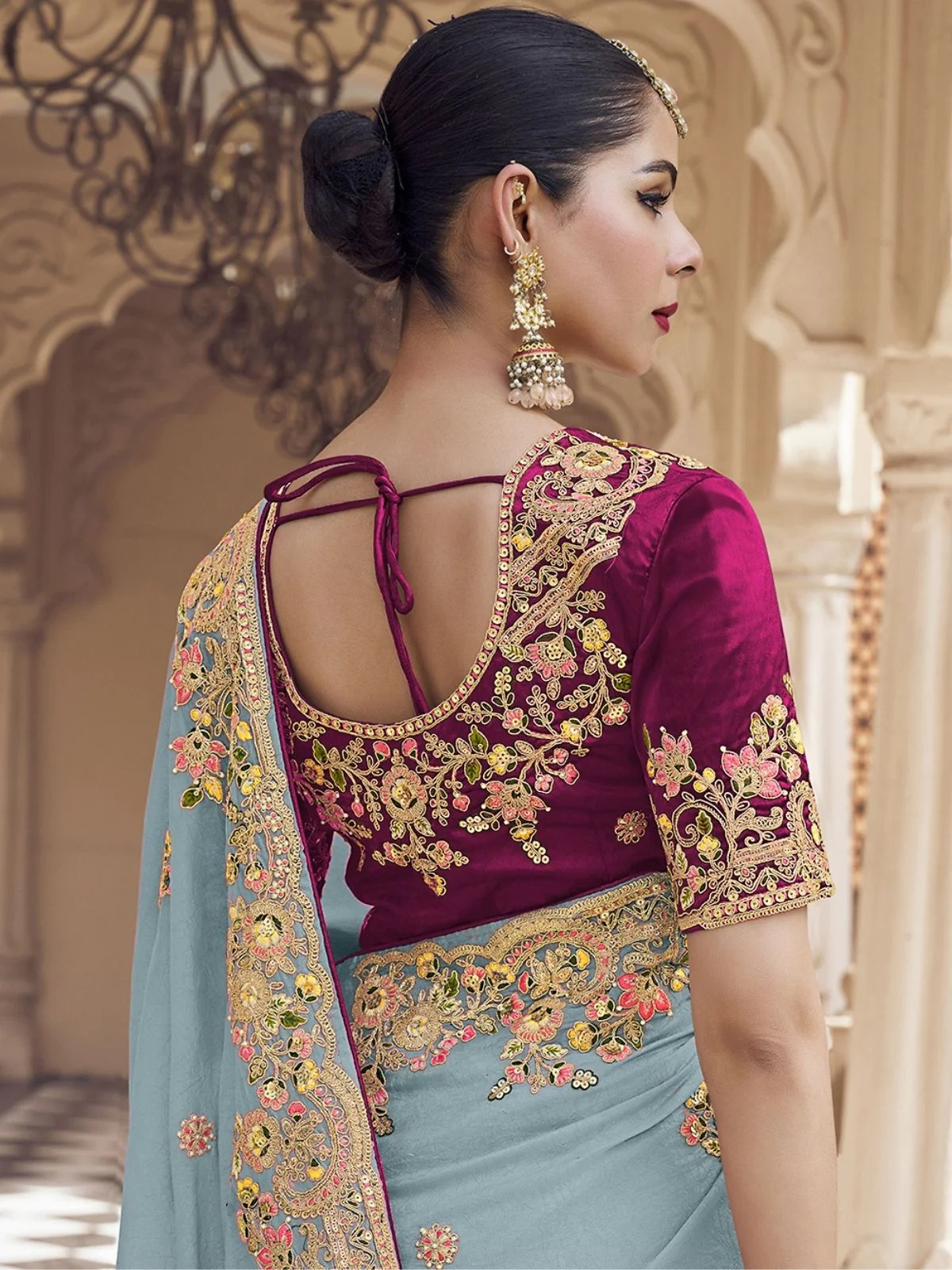 Odette Sea Green Georgette Embroidered Elegant Saree For Women - Image 2