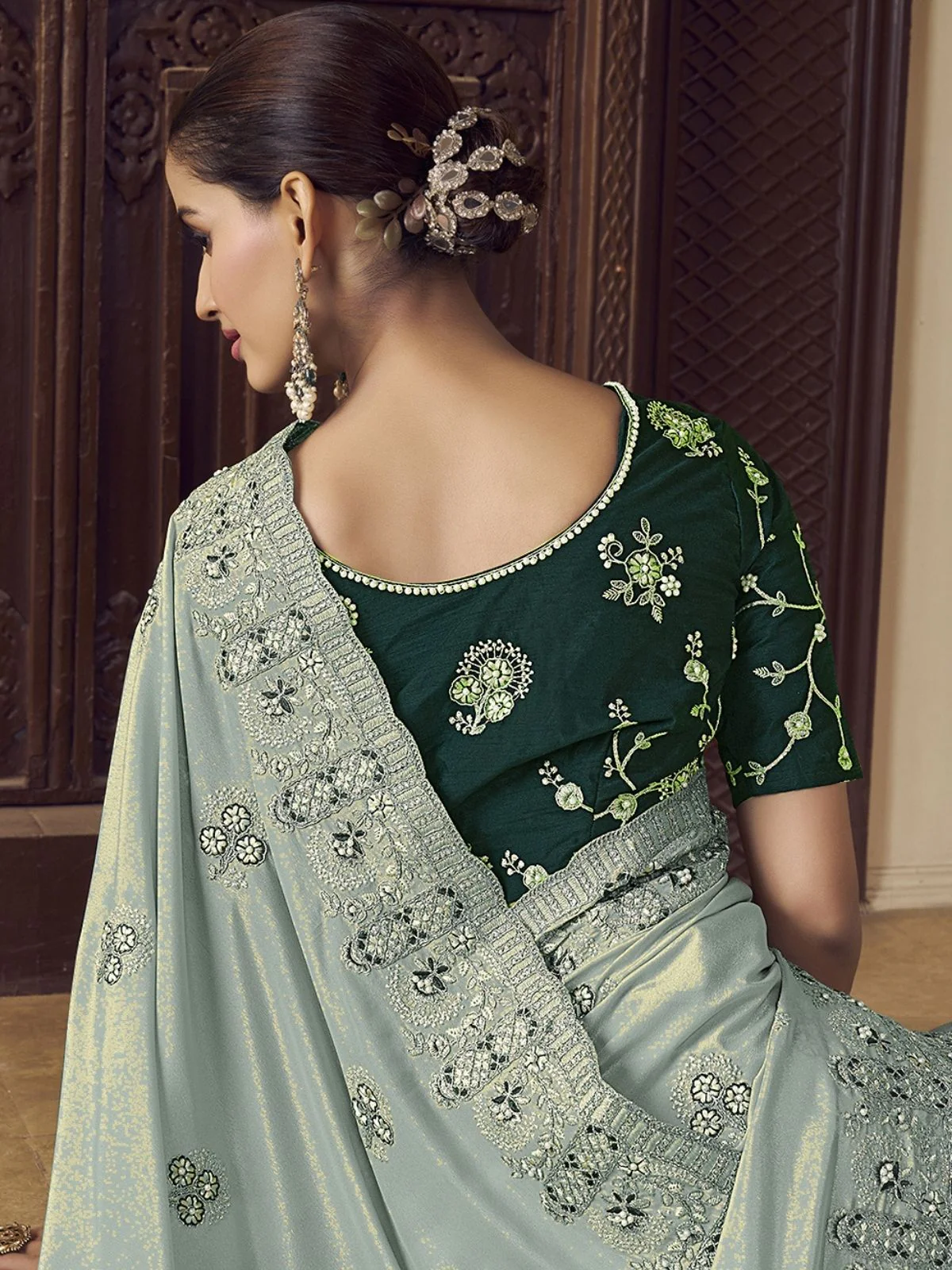 Odette Sea Green Georgette Embroidered Elegant Saree For Women - Image 2