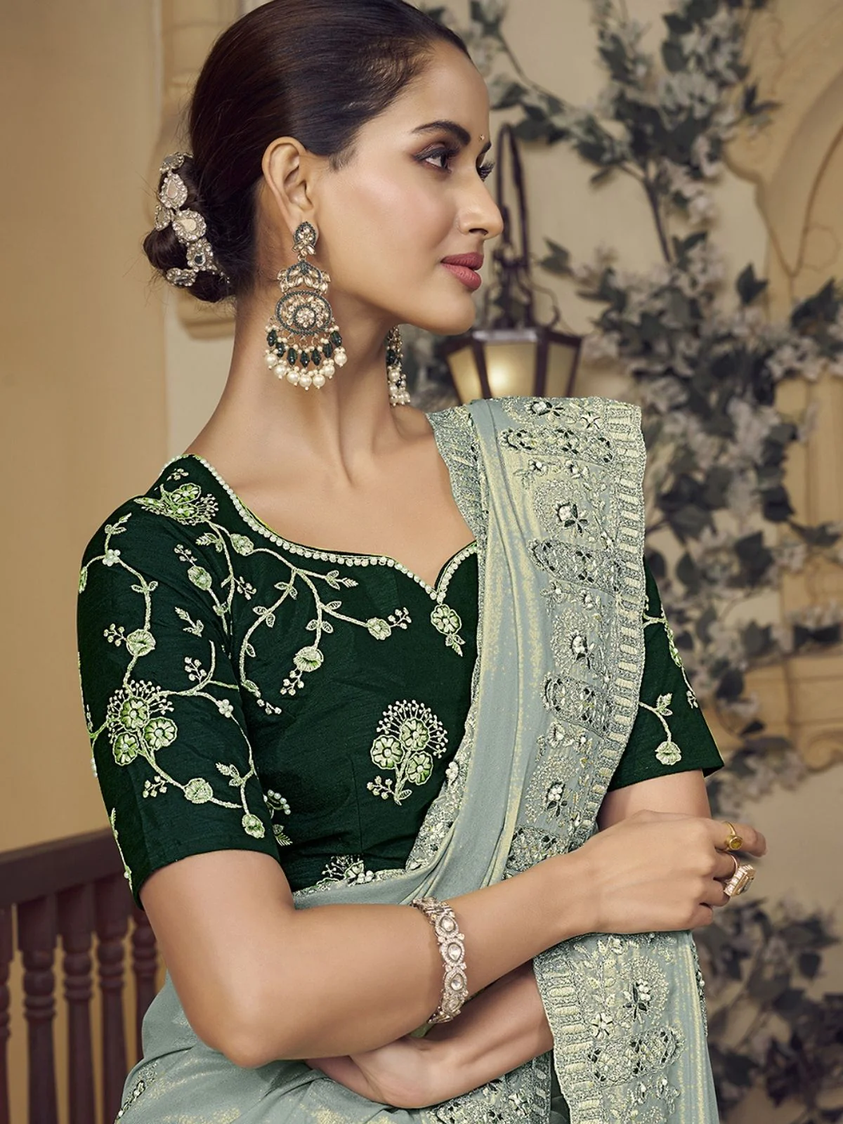 Odette Sea Green Georgette Embroidered Elegant Saree For Women - Image 3