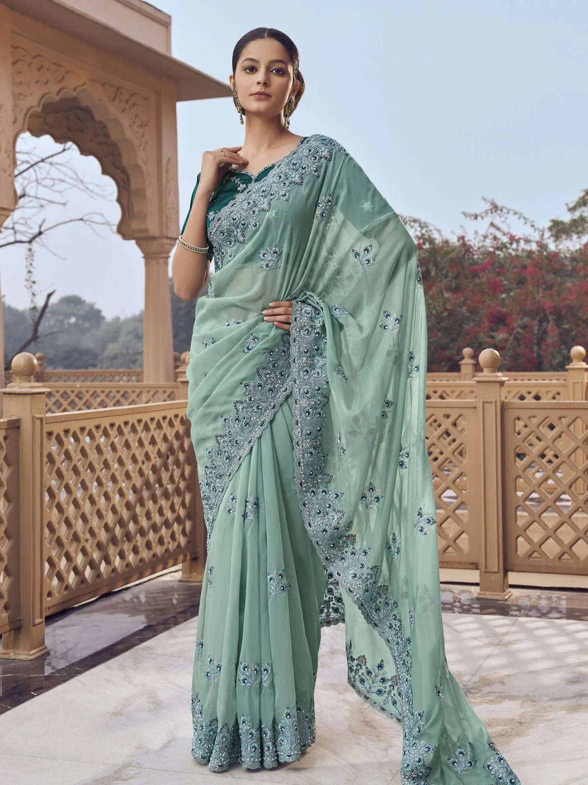 Odette Sea Green Georgette Embroidered Elegant Saree For Women