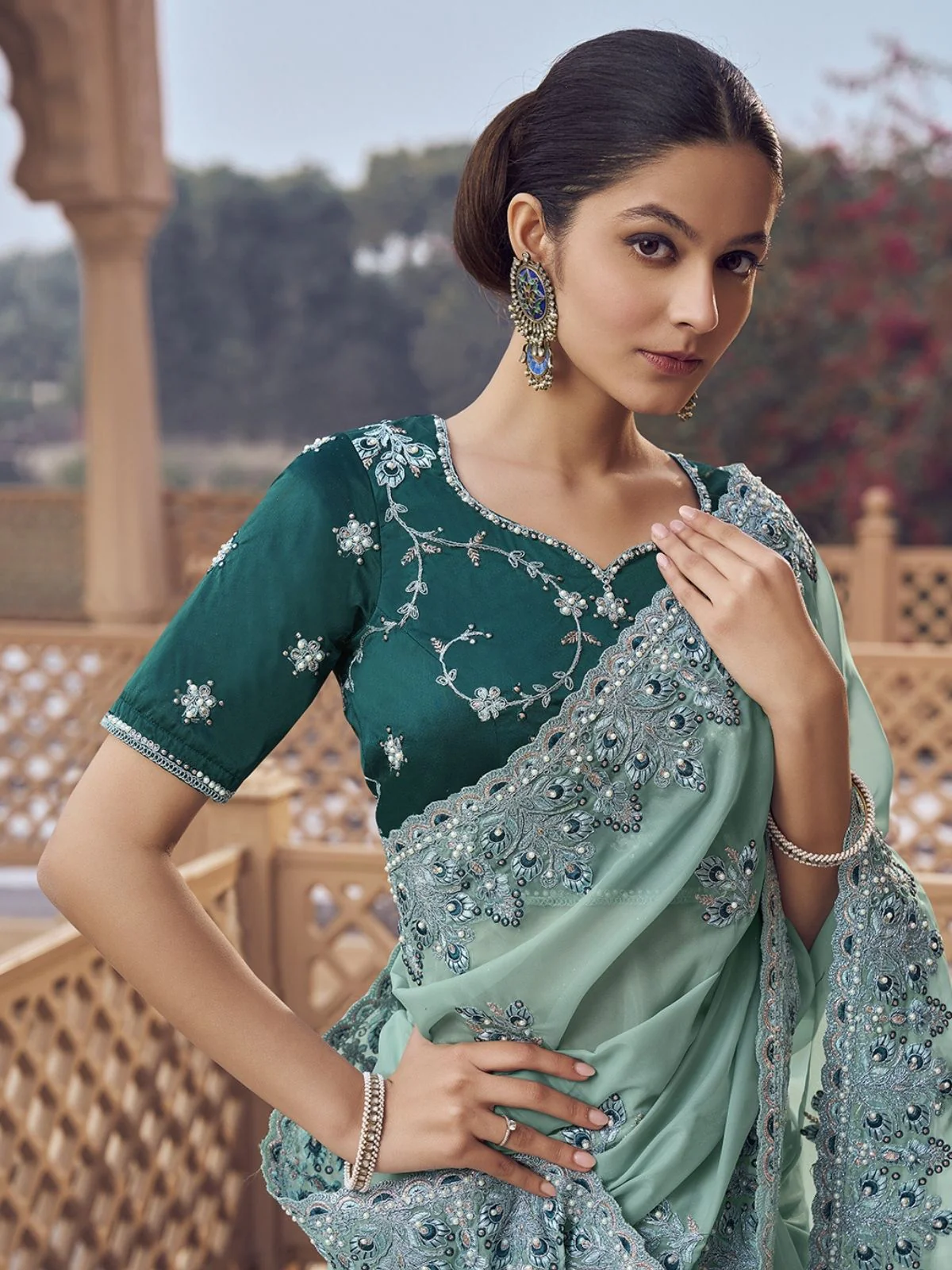Odette Sea Green Georgette Embroidered Elegant Saree For Women - Image 3