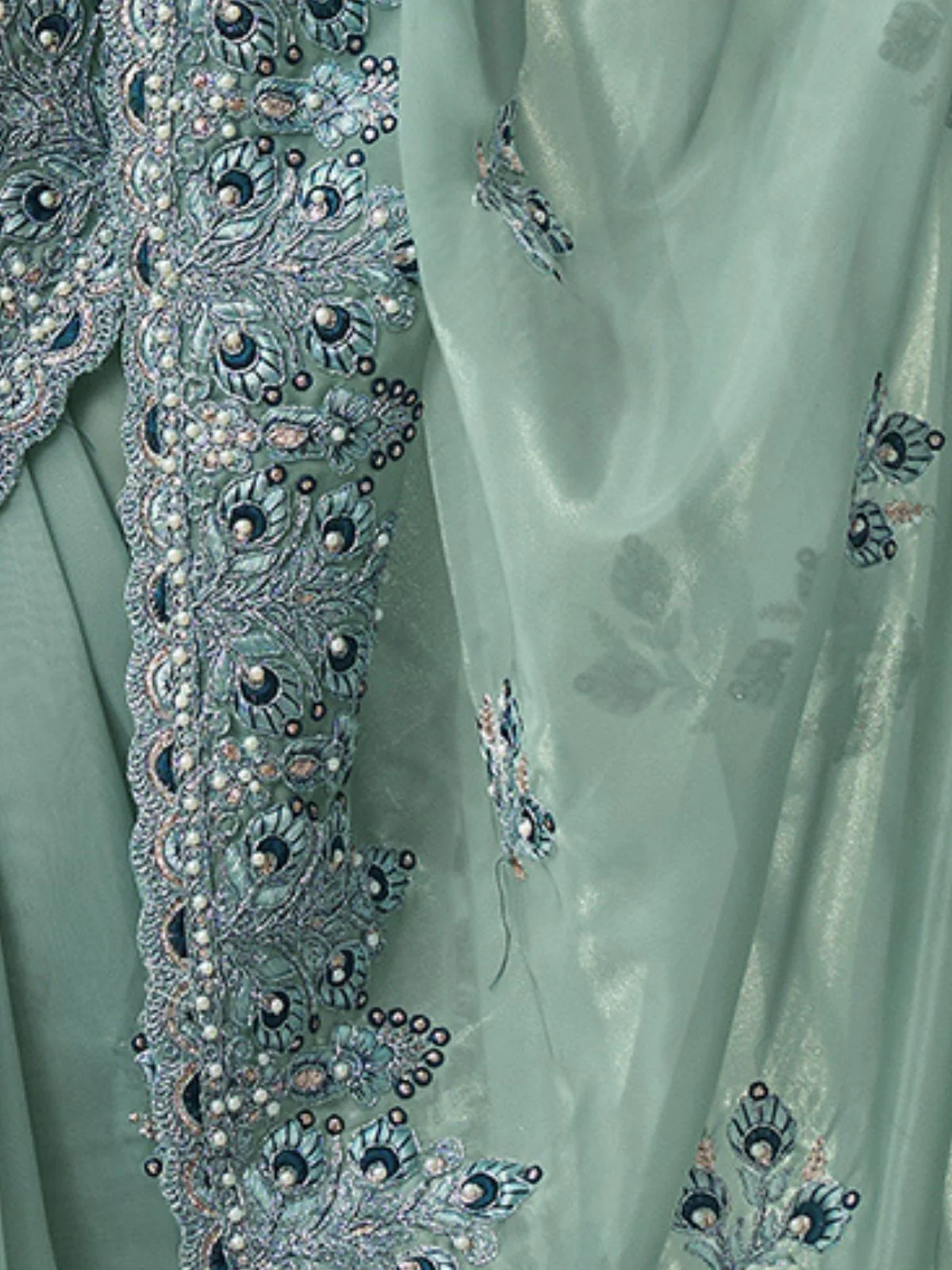 Odette Sea Green Georgette Embroidered Elegant Saree For Women - Image 4