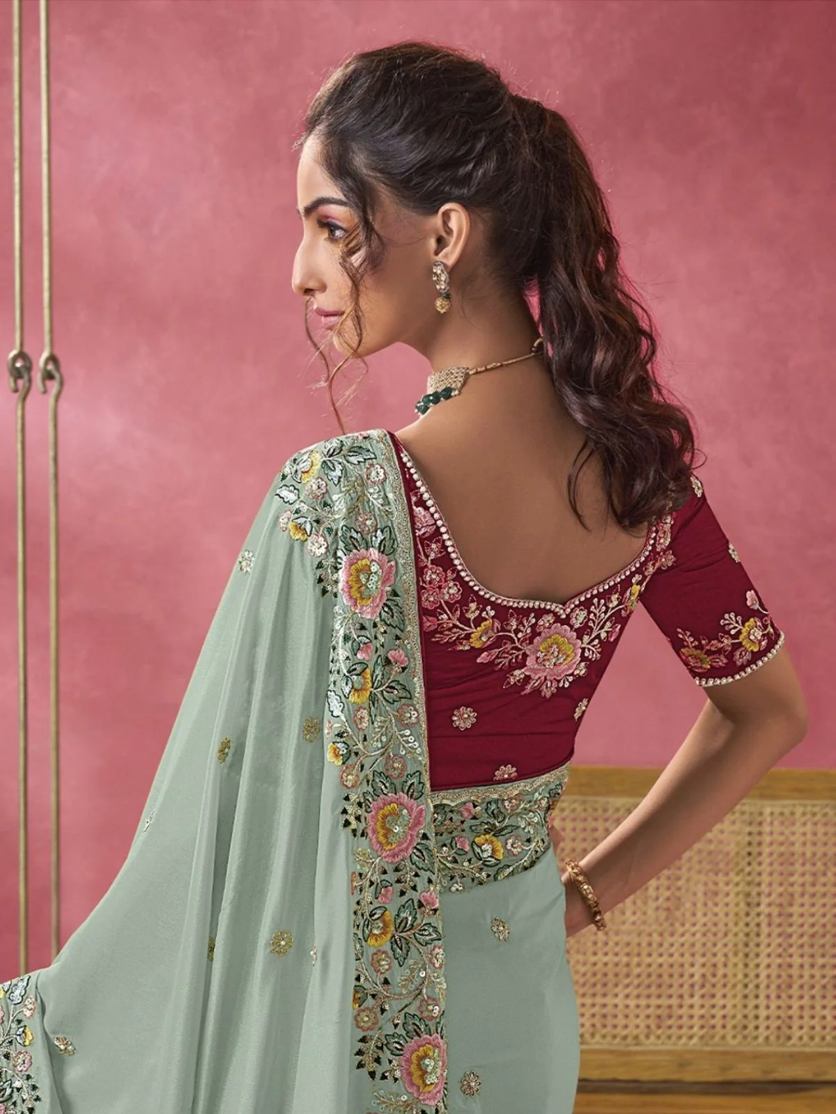 Odette Sea Green Georgette Embroidered Elegant Saree For Women - Image 2