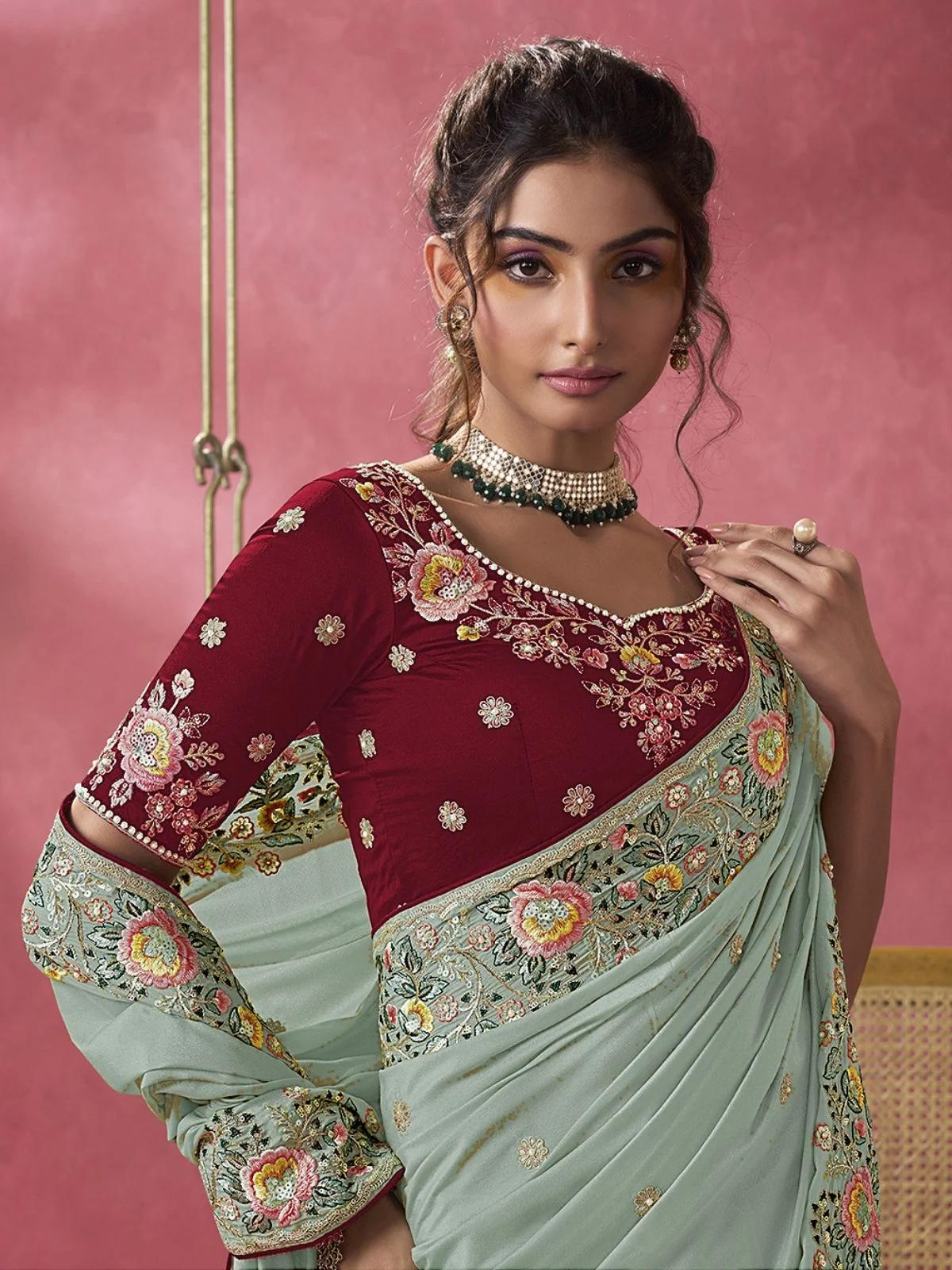 Odette Sea Green Georgette Embroidered Elegant Saree For Women - Image 3