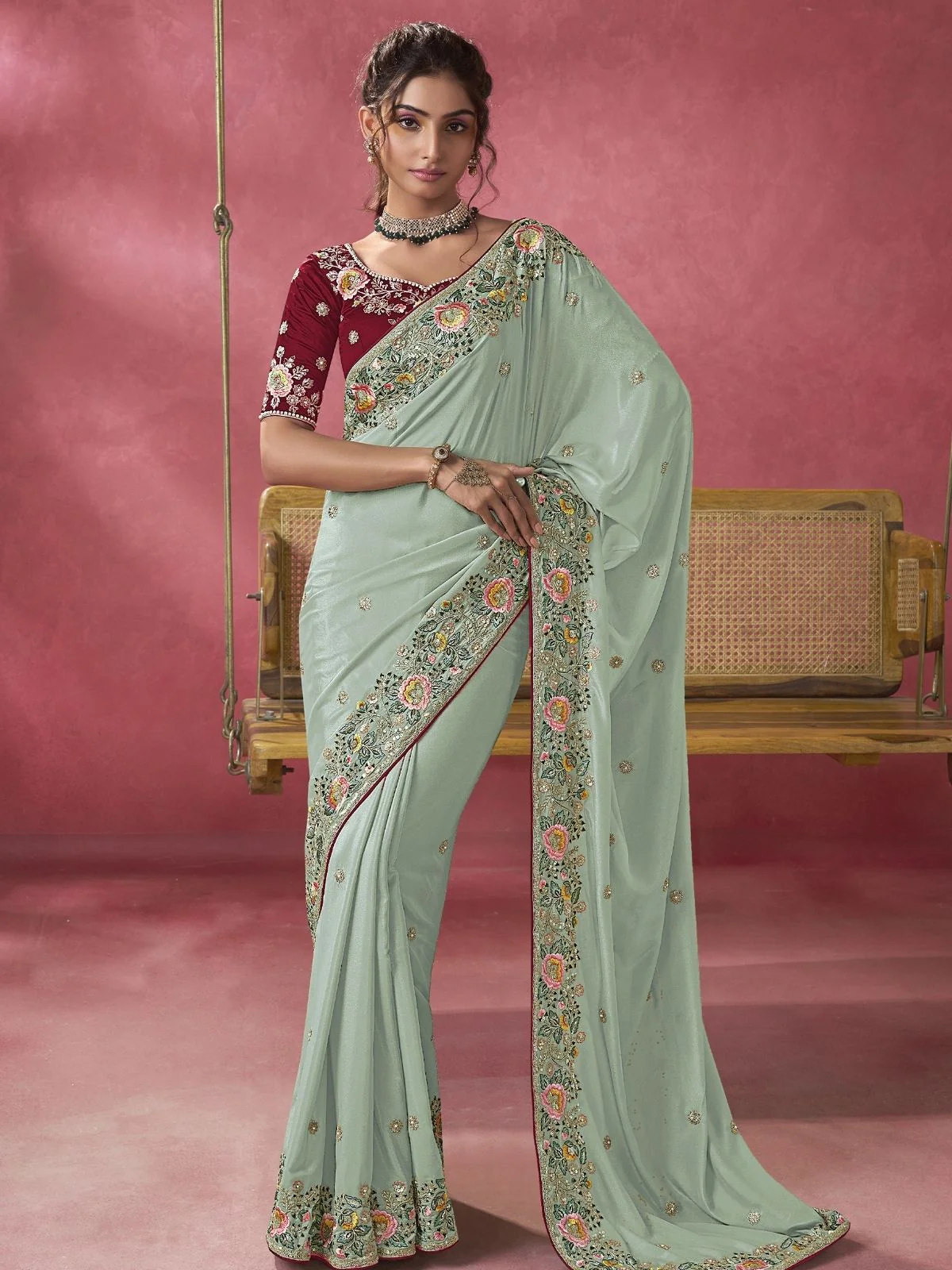 Odette Sea Green Georgette Embroidered Elegant Saree For Women