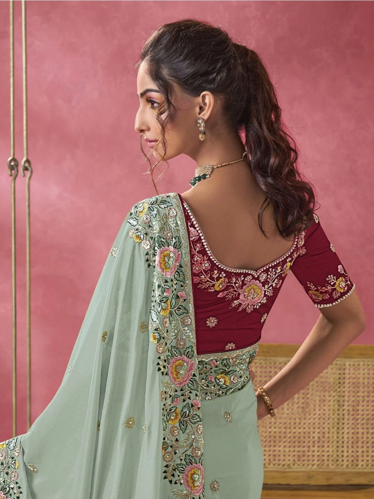 Odette Sea Green Georgette Embroidered Elegant Saree For Women - Image 3