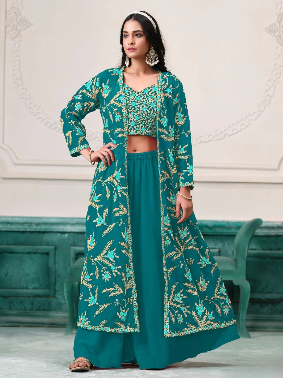 Odette Sea Green Georgette Embroidered Semi-Stiched Co-Ord Set For Women