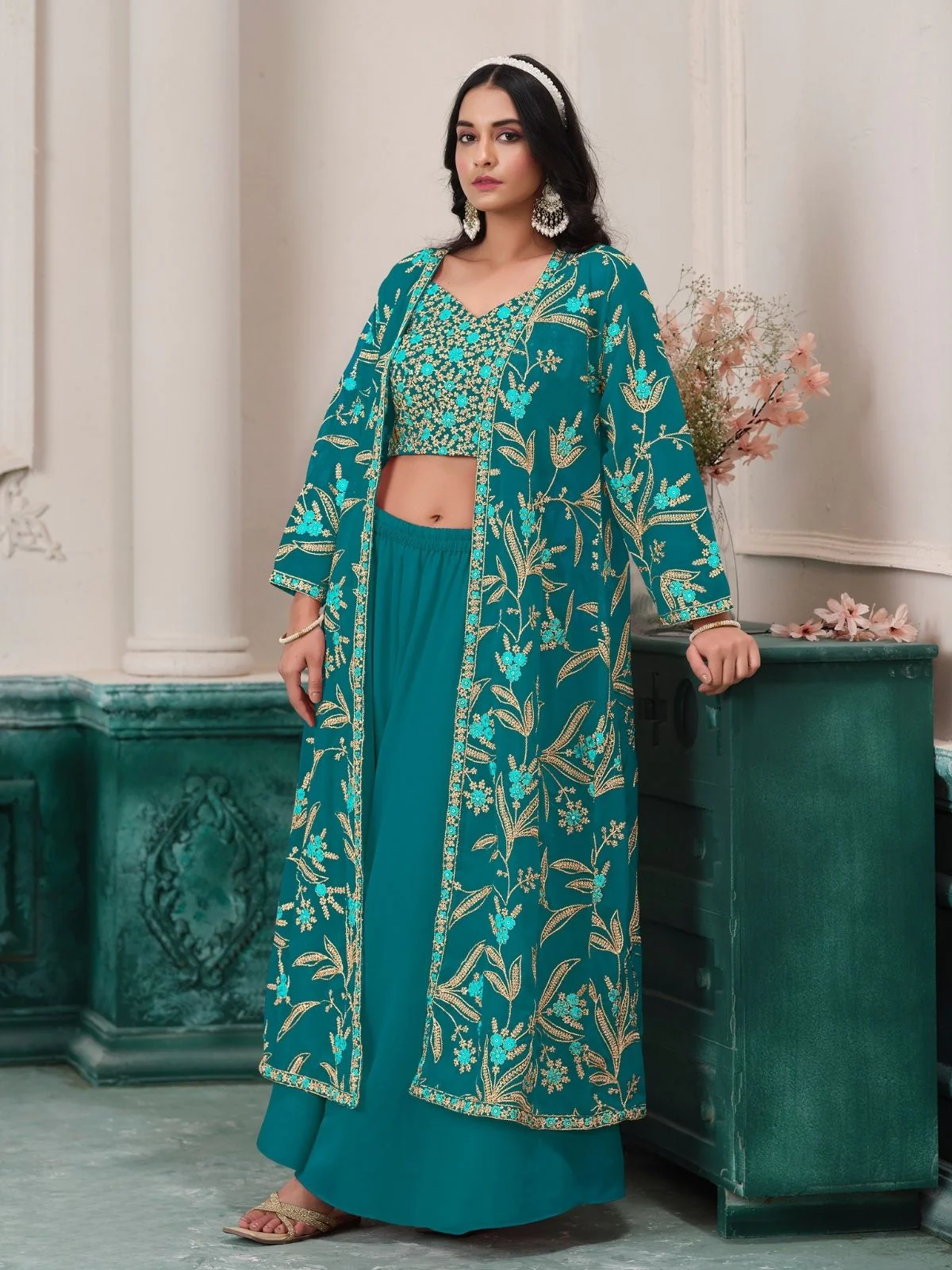 Odette Sea Green Georgette Embroidered Semi-Stiched Co-Ord Set For Women - Image 2