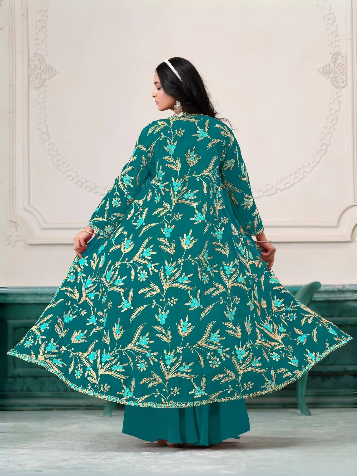 Odette Sea Green Georgette Embroidered Semi-Stiched Co-Ord Set For Women - Image 3