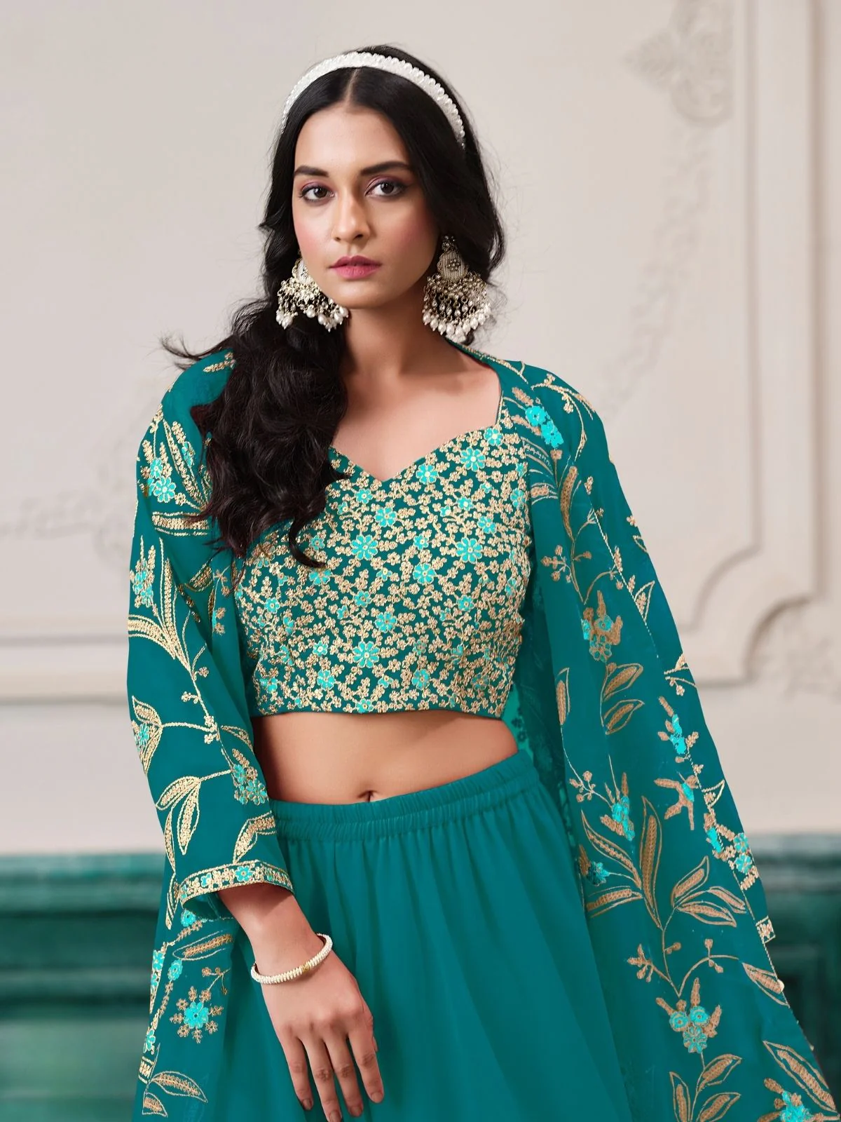 Odette Sea Green Georgette Embroidered Semi-Stiched Co-Ord Set For Women - Image 4