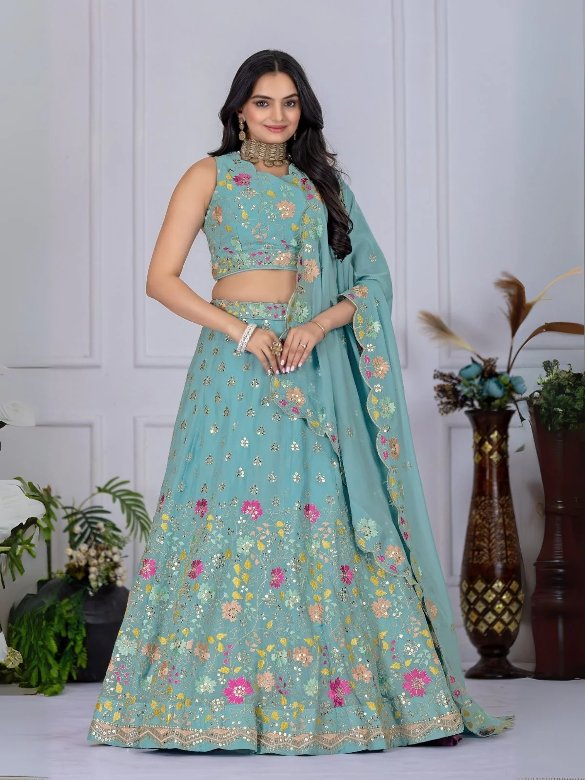 Odette Sea Green Georgette Embroidered Semi-Stitched lehenga For Women
