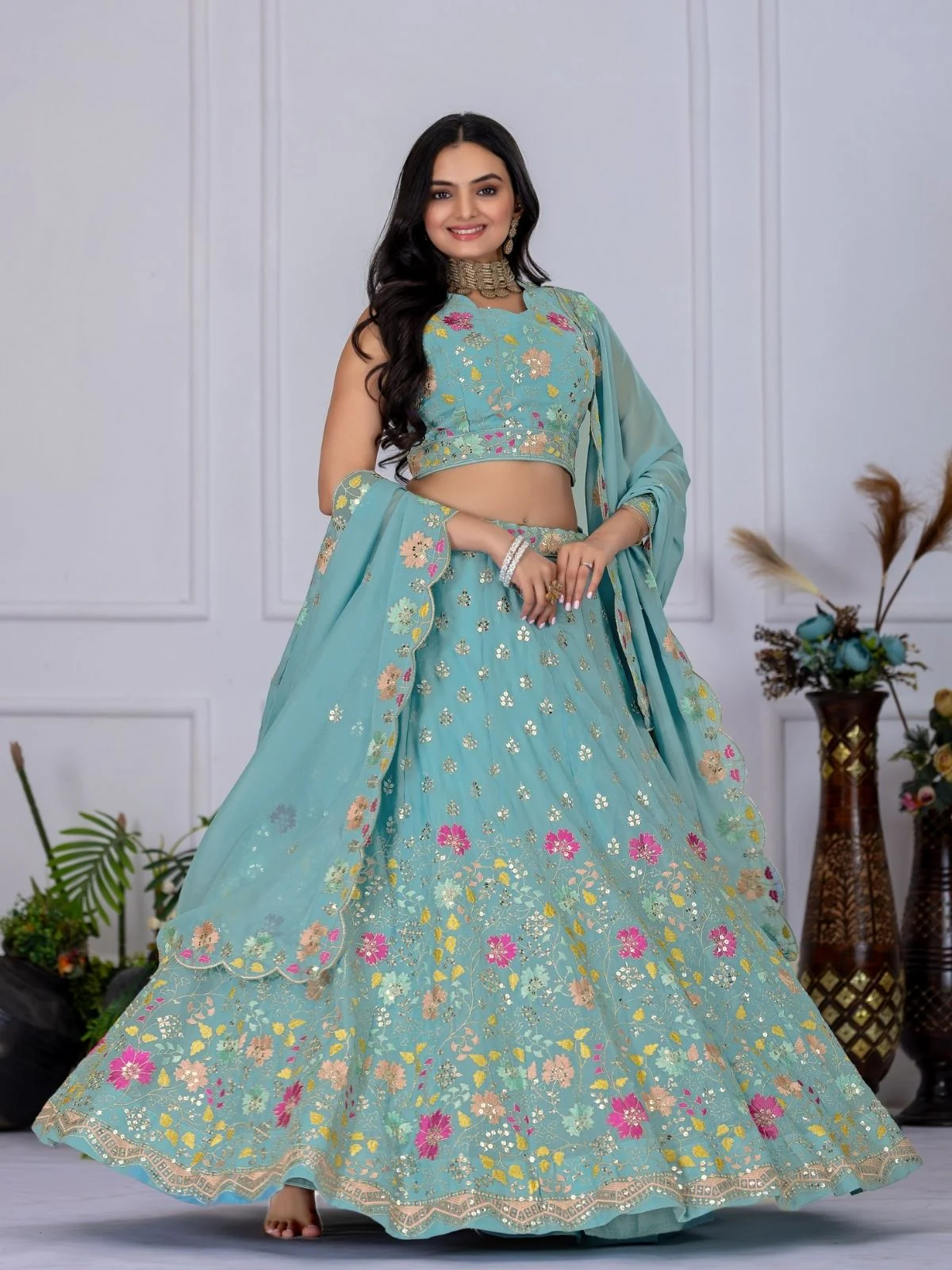 Odette Sea Green Georgette Embroidered Semi-Stitched lehenga For Women - Image 3