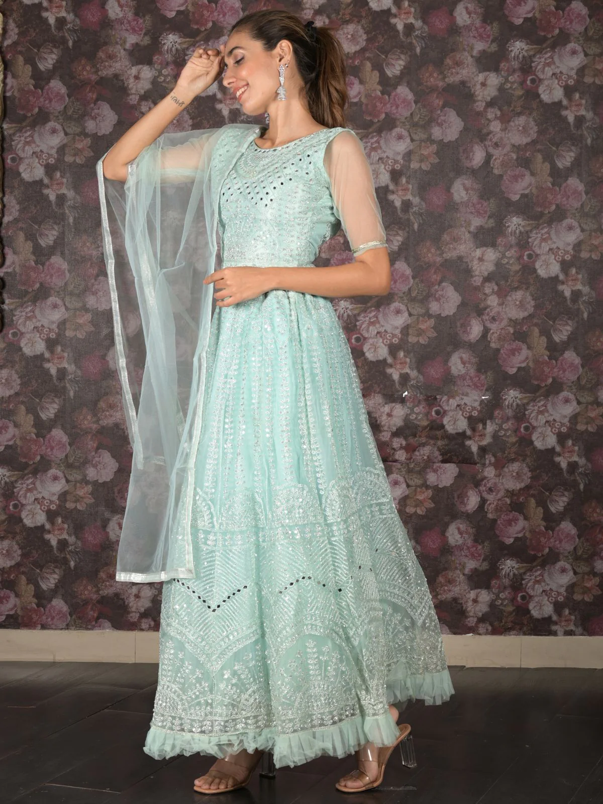 Odette Sea Green Mirror Embroidered Stitched Net Lehenga with Stitched Blouse for Women - Image 2