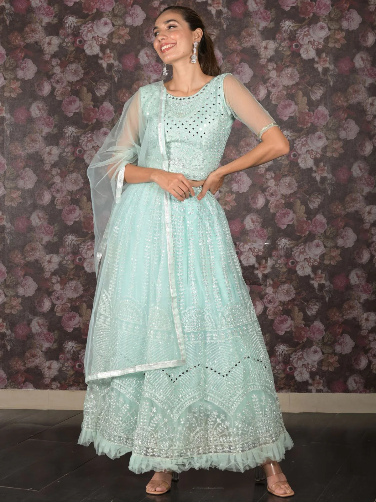 Odette Sea Green Mirror Embroidered Stitched Net Lehenga with Stitched Blouse for Women - Image 3