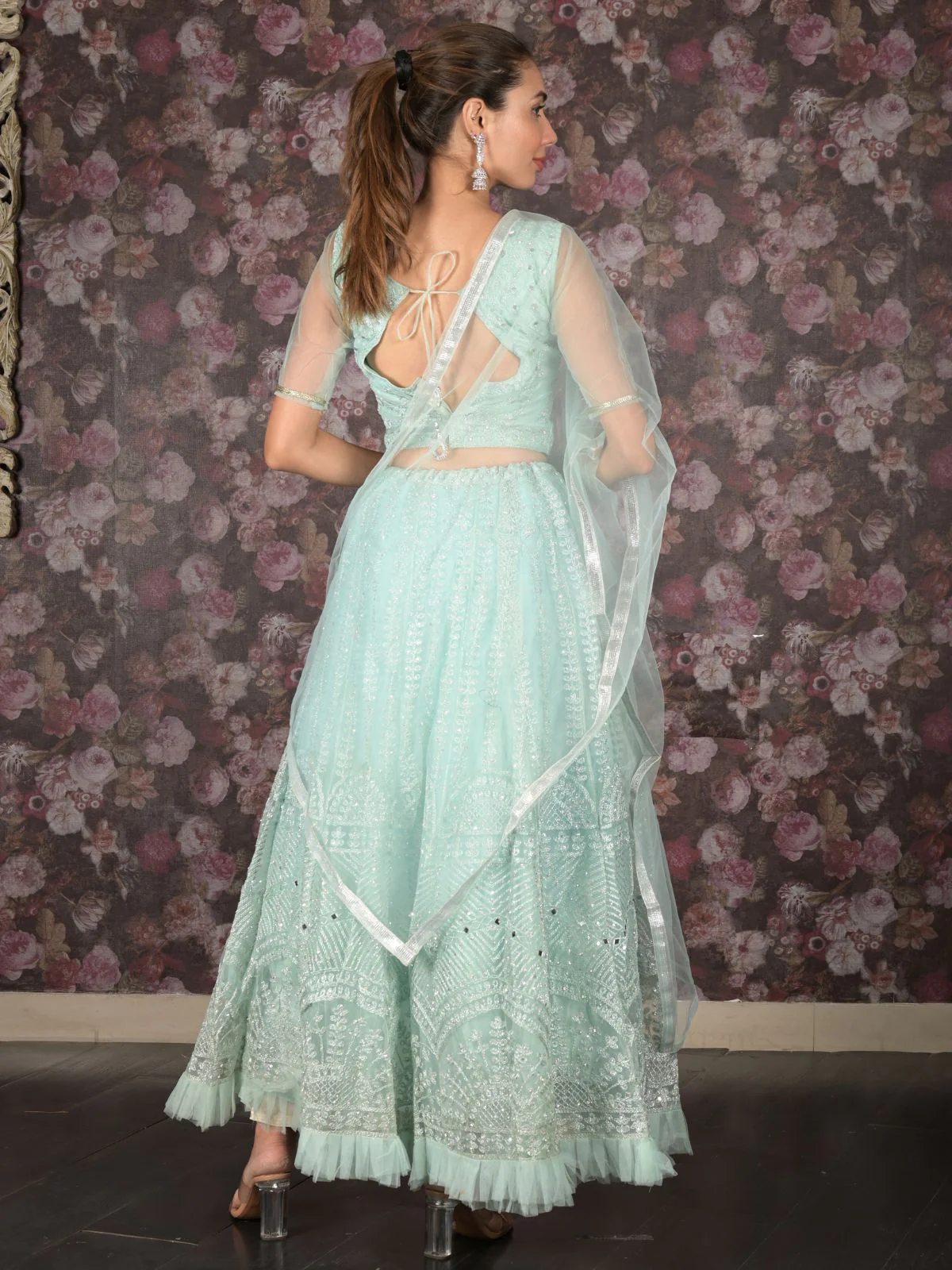 Odette Sea Green Mirror Embroidered Stitched Net Lehenga with Stitched Blouse for Women - Image 4