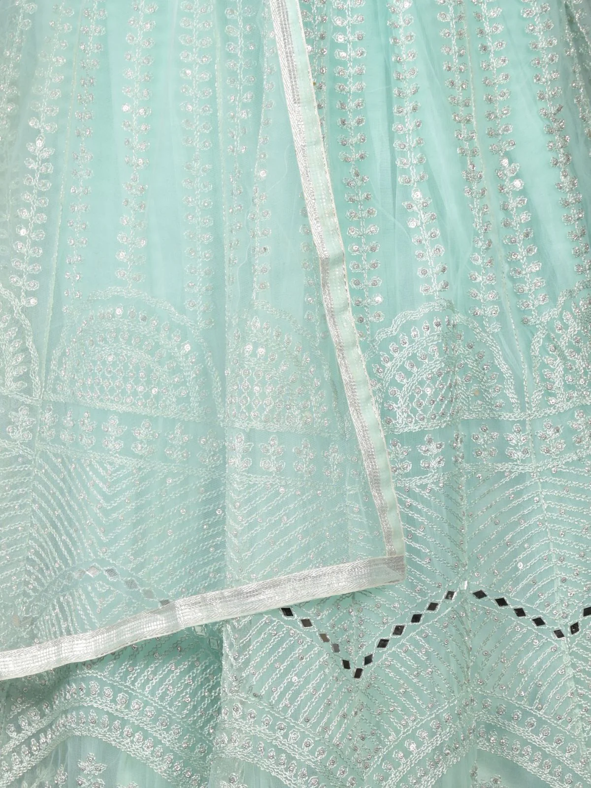 Odette Sea Green Mirror Embroidered Stitched Net Lehenga with Stitched Blouse for Women - Image 5