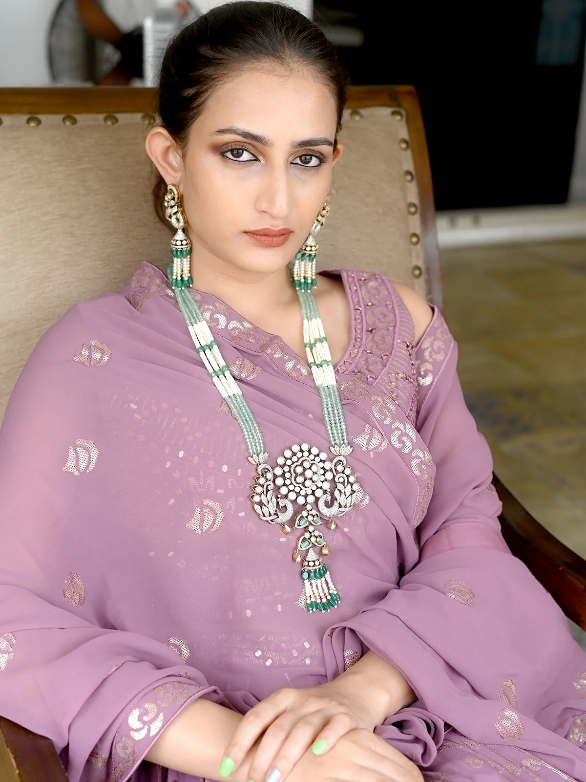 Odette Sea Green Mixed Metal Embellished Beads Neckpiece Set For Women - Image 2