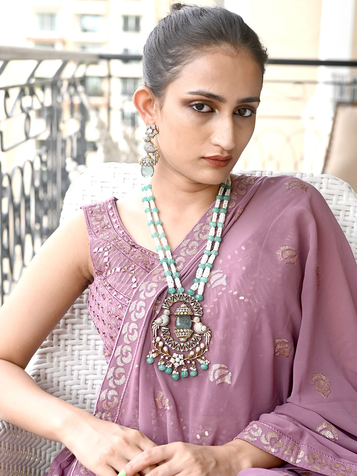 Odette Sea Green Mixed Metal Embellished Gold Plated Neckpiece Set For Women - Image 2