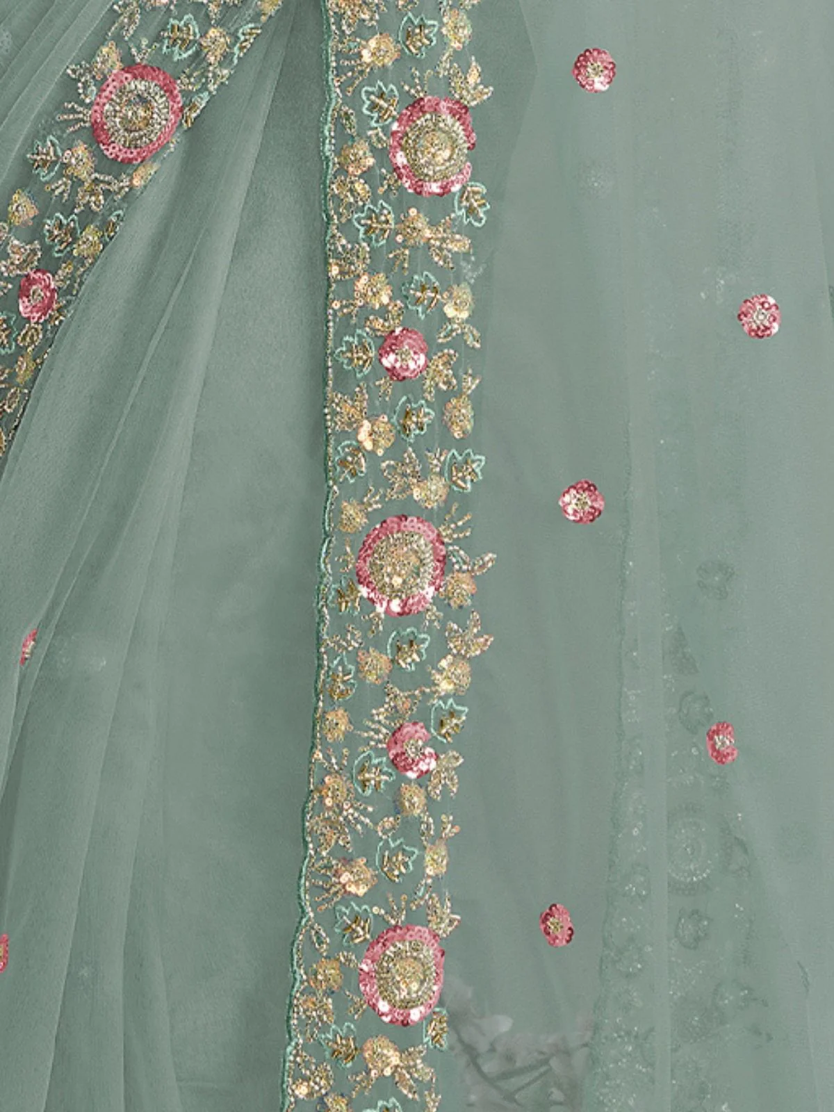 Odette Sea Green Net Embellished Elegant Saree For Women - Image 4