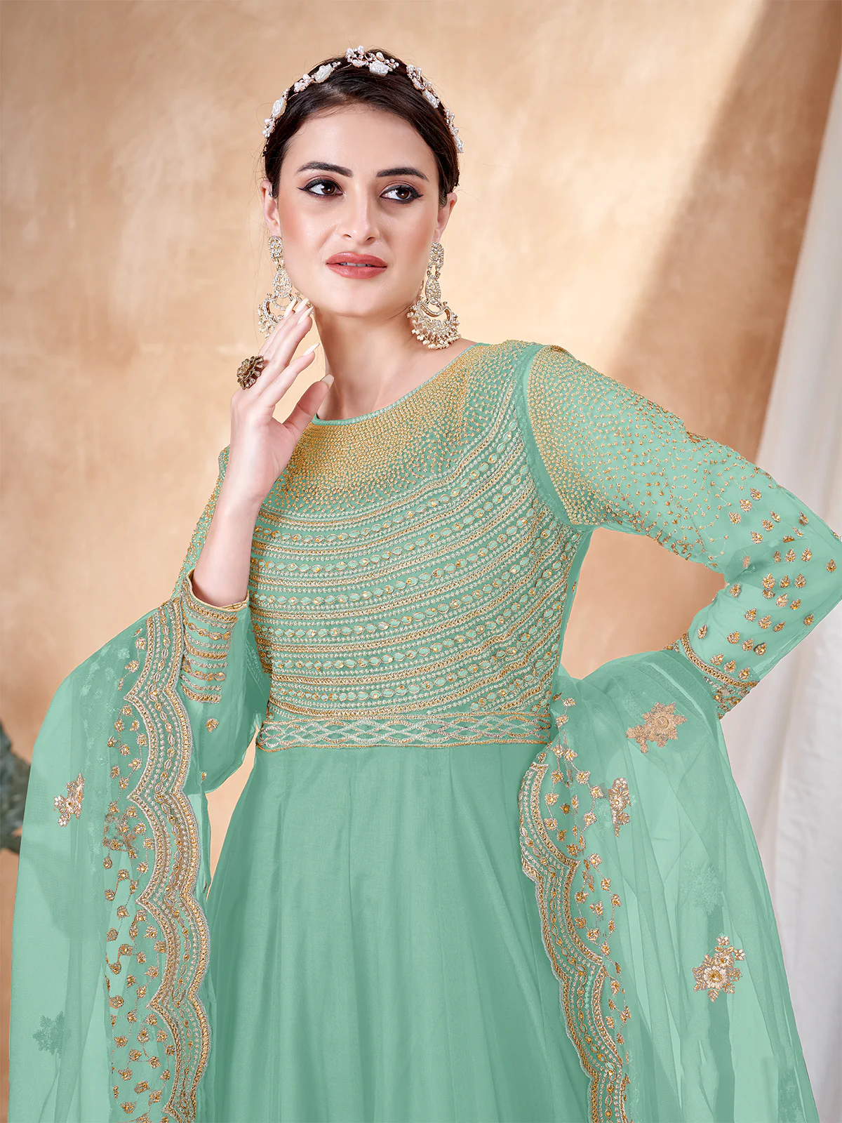 Odette Sea Green Net Embellished Semi stitched Kurta Set with Inner For Women - Image 3