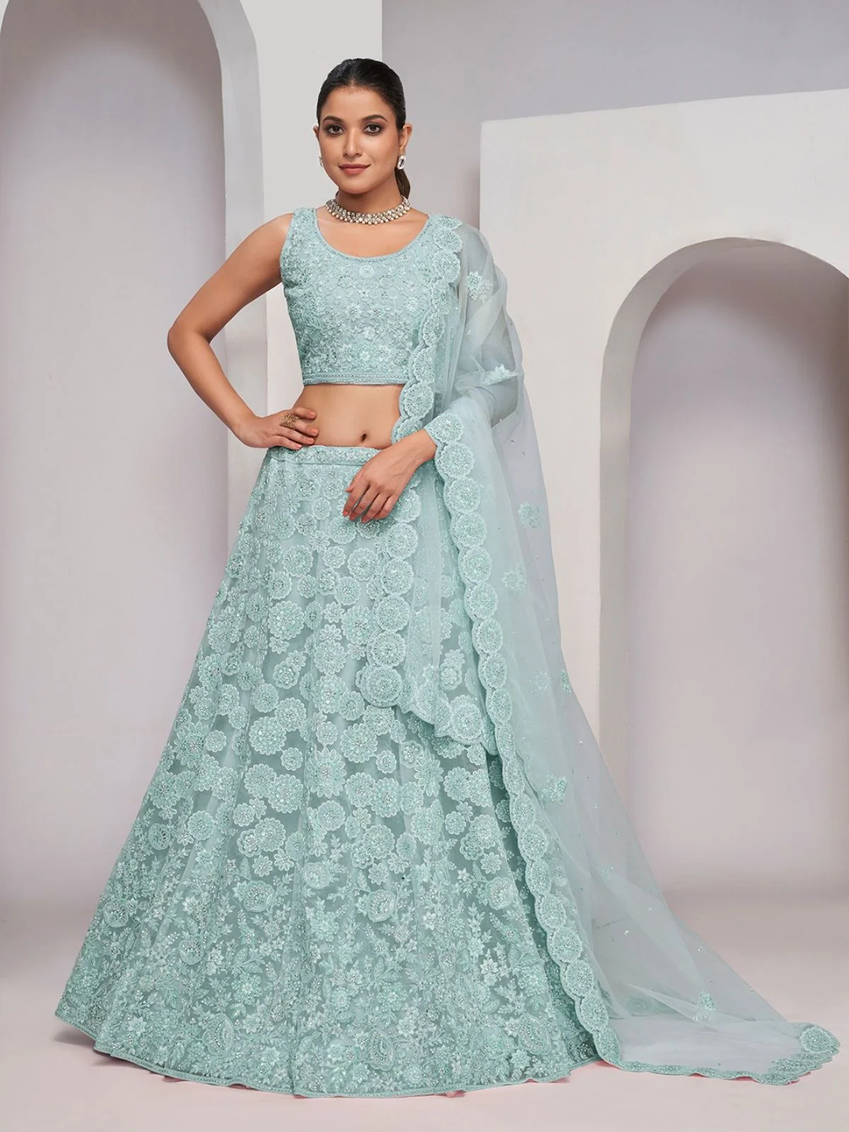 Odette Sea Green Net Embellished Semi Stitched Lehenga With Unstitched Blouse For Women