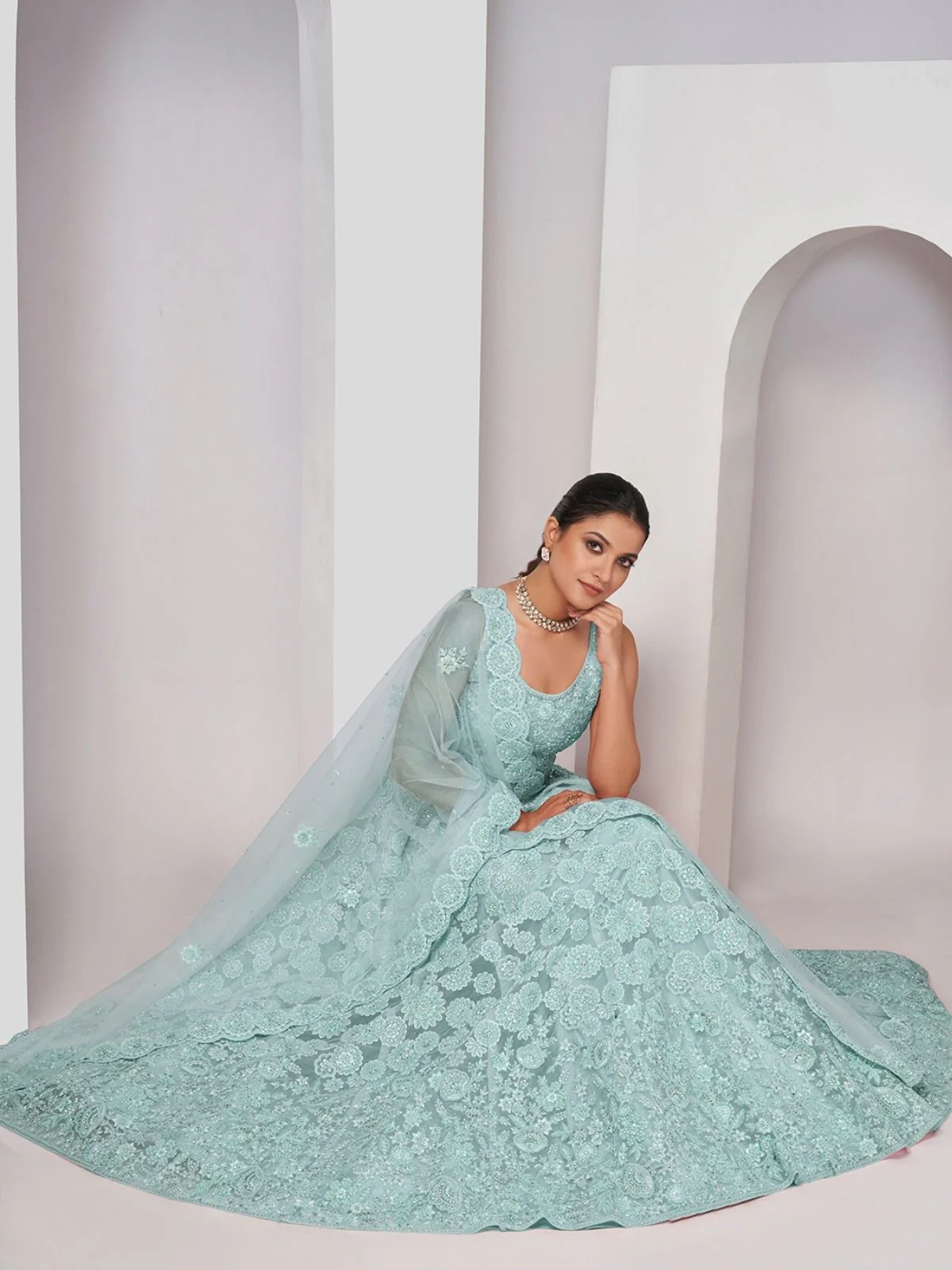 Odette Sea Green Net Embellished Semi Stitched Lehenga With Unstitched Blouse For Women - Image 4