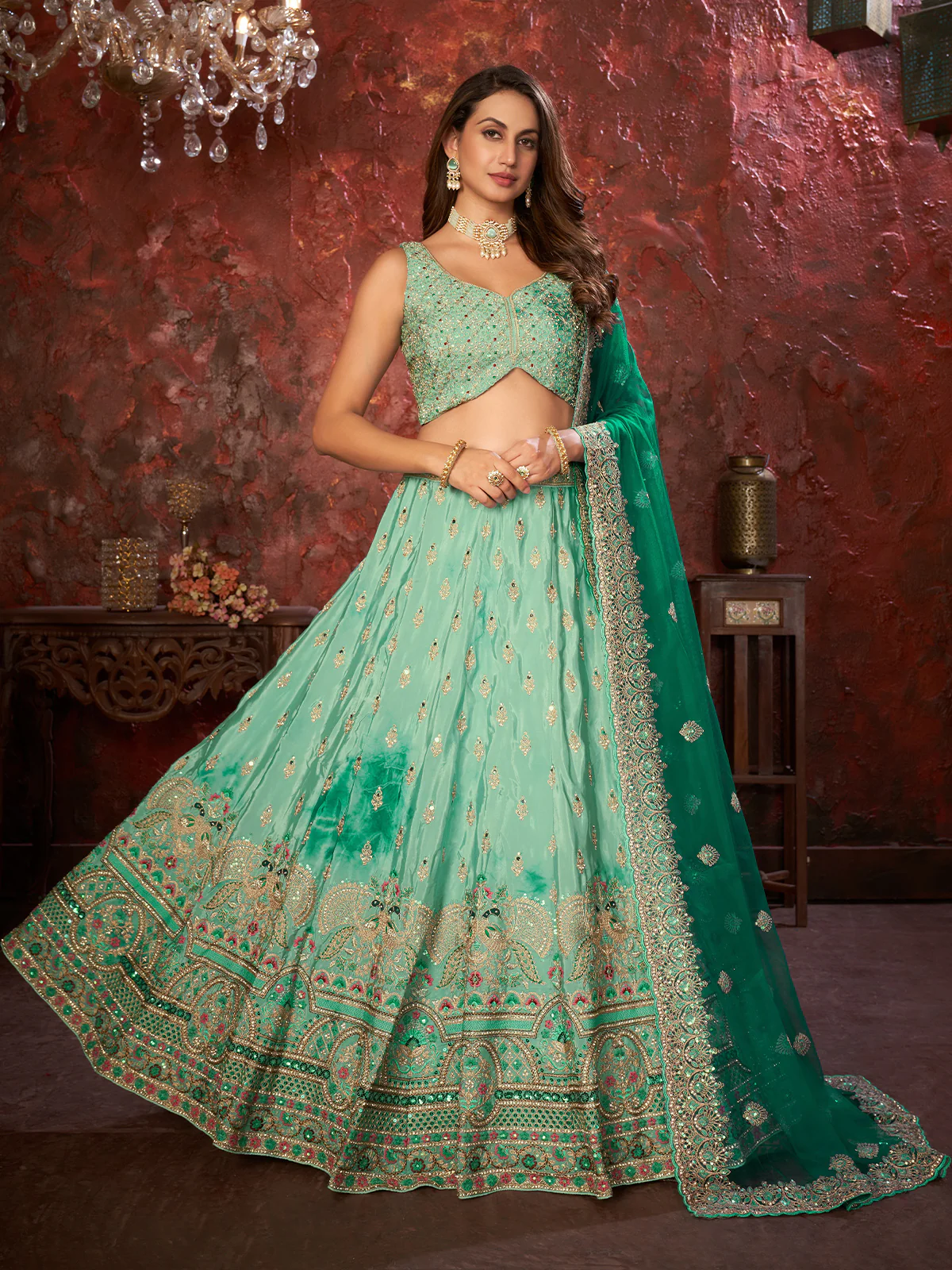 Odette Sea Green Net Embellished Semi Stitched Lehenga With Unstitched Blouse for Women - Image 2