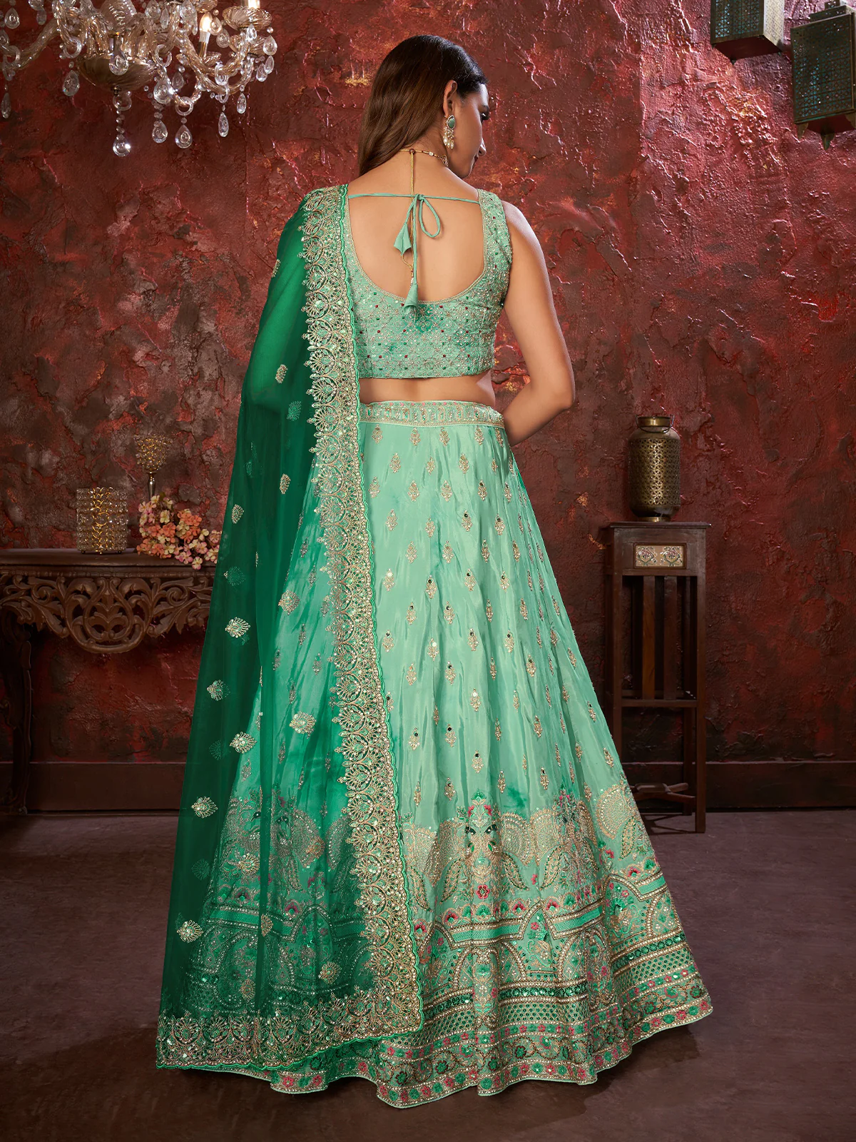 Odette Sea Green Net Embellished Semi Stitched Lehenga With Unstitched Blouse for Women - Image 3
