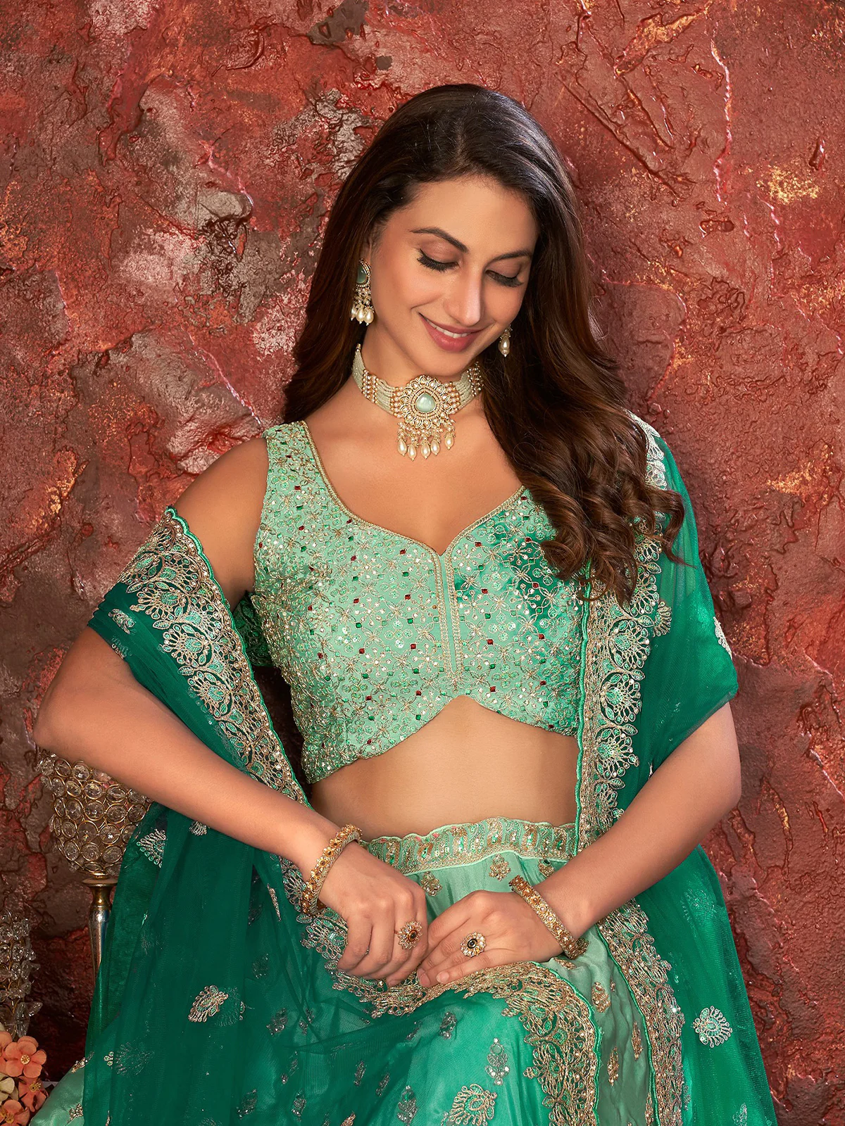 Odette Sea Green Net Embellished Semi Stitched Lehenga With Unstitched Blouse for Women - Image 4