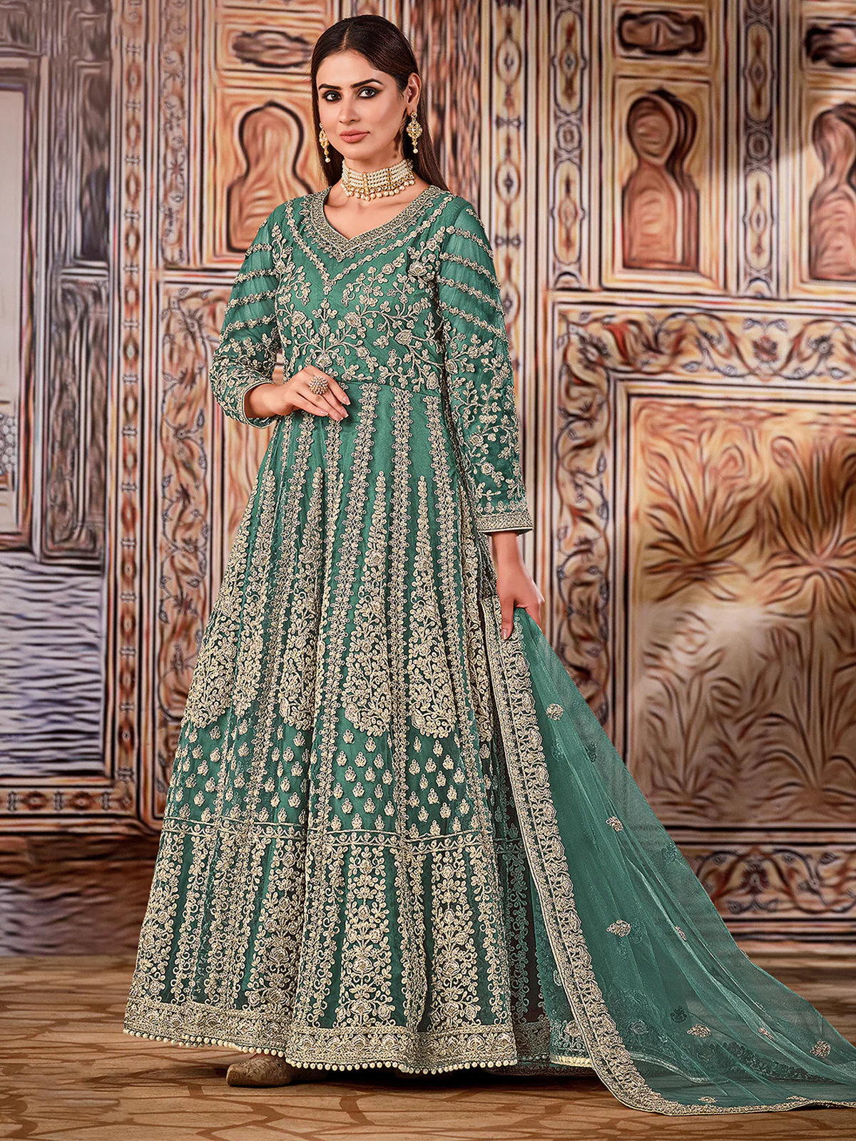 Odette Sea Green Net Embroidered Semi stitched Kurta Set with Inner For Women - Image 2