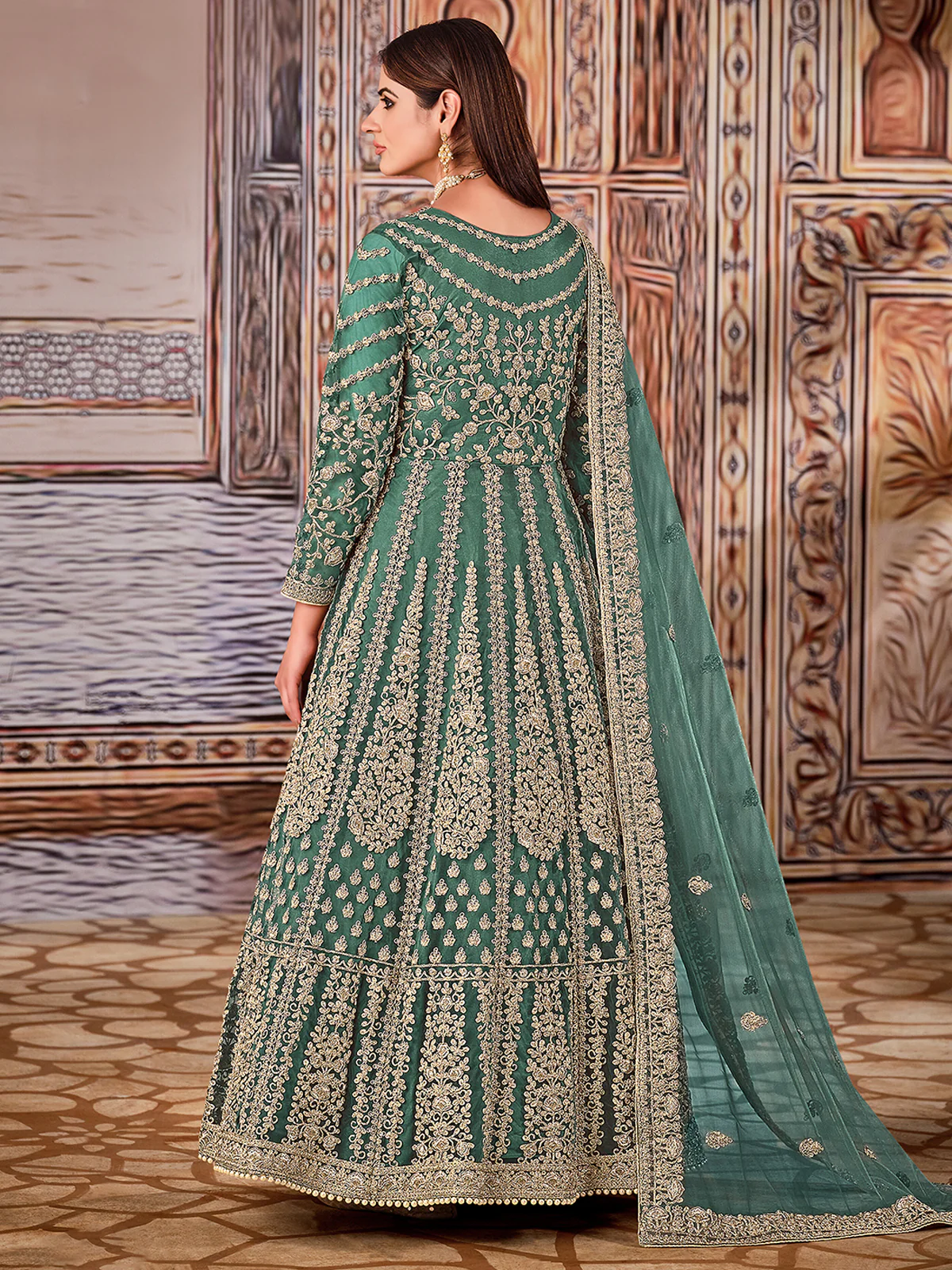 Odette Sea Green Net Embroidered Semi stitched Kurta Set with Inner For Women - Image 3