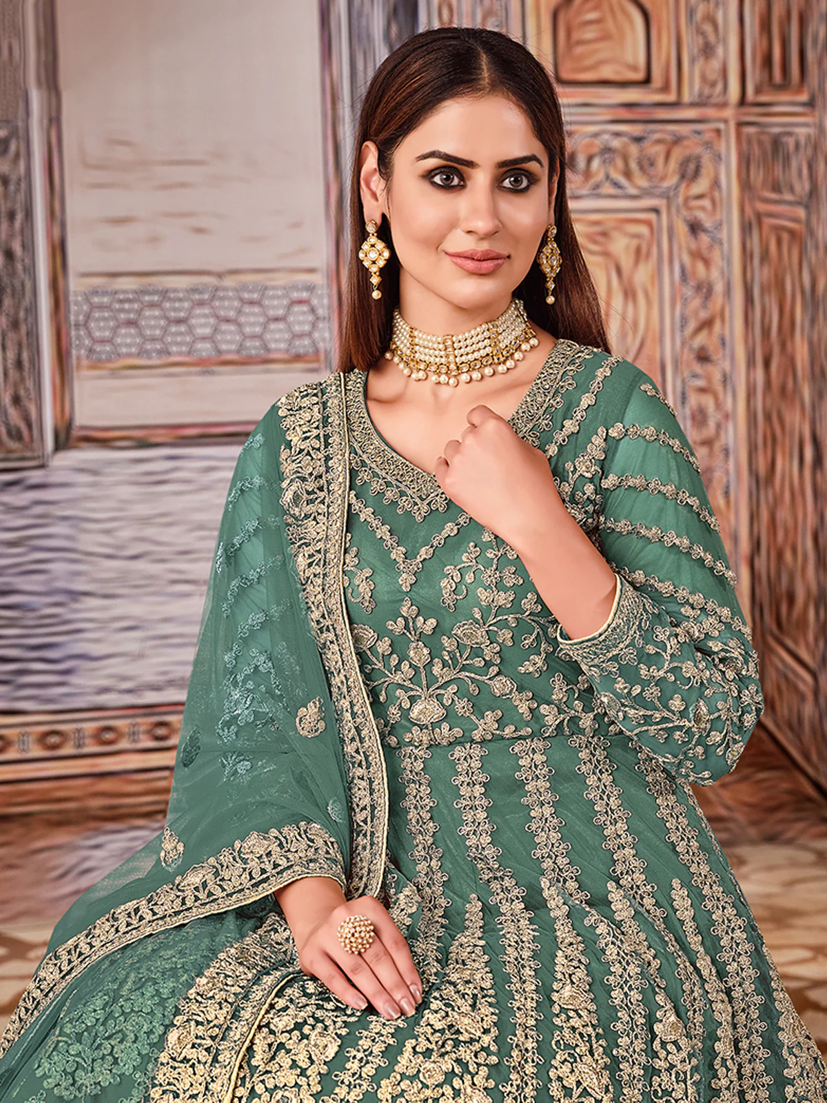 Odette Sea Green Net Embroidered Semi stitched Kurta Set with Inner For Women - Image 4