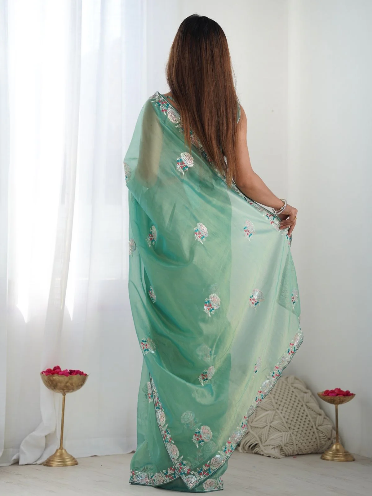 Odette Sea Green Net Sequins Embroidered Saree With Unstitched Blouse For Women - Image 5